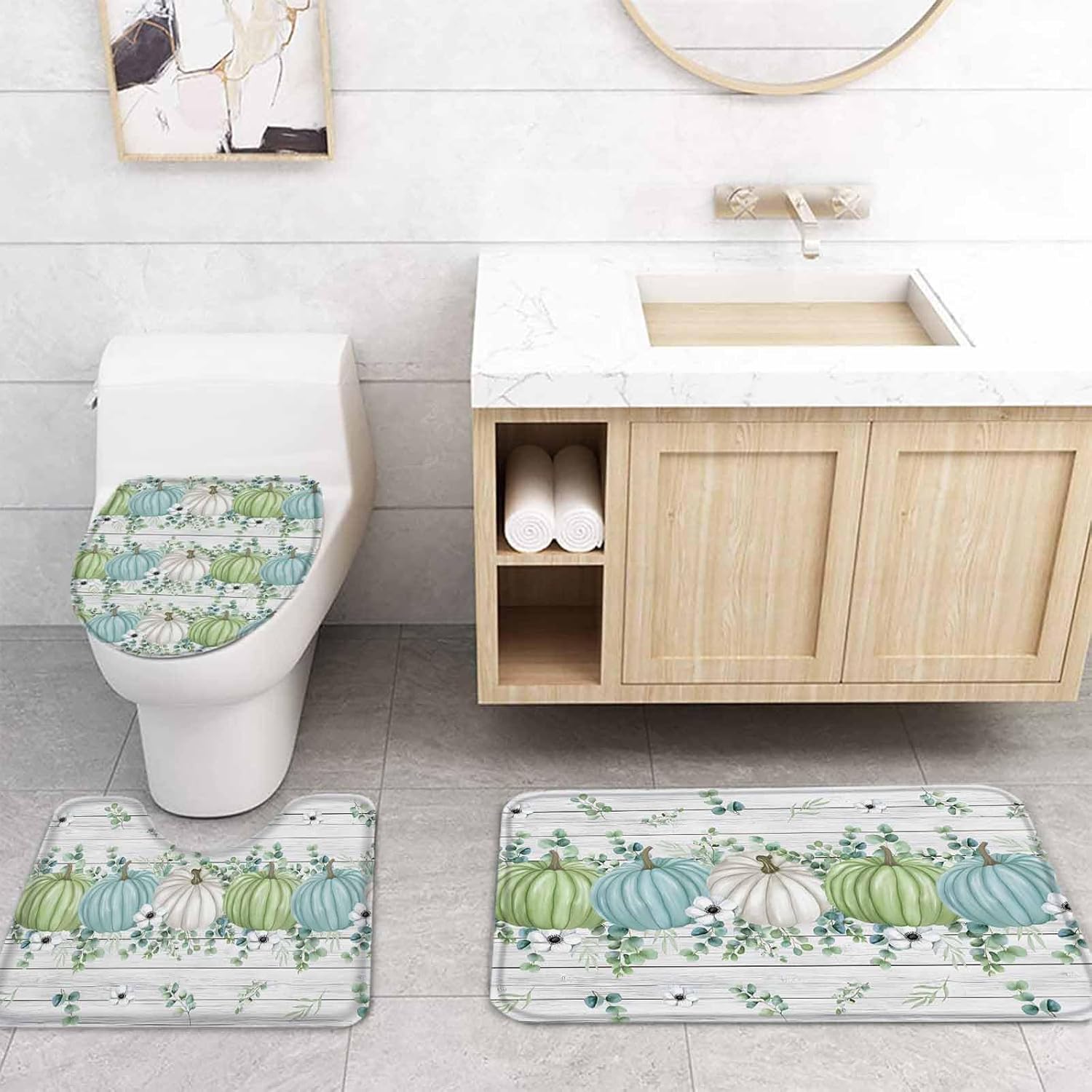 Thanksgiving Fall Bathroom Set with Shower Curtain Rug and Hooks