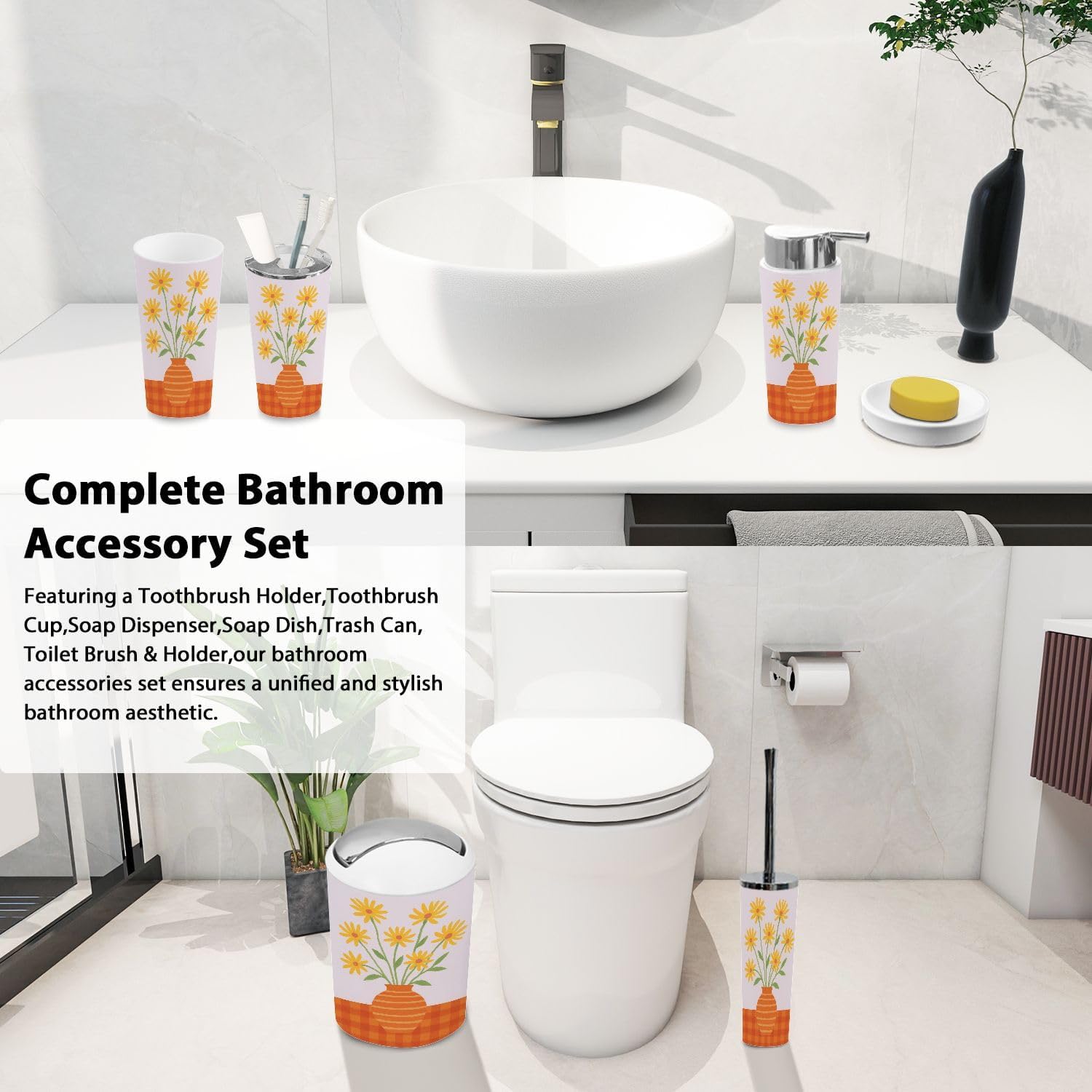 Boho Yellow Flower Vase Bathroom Accessory Set 6 Piece