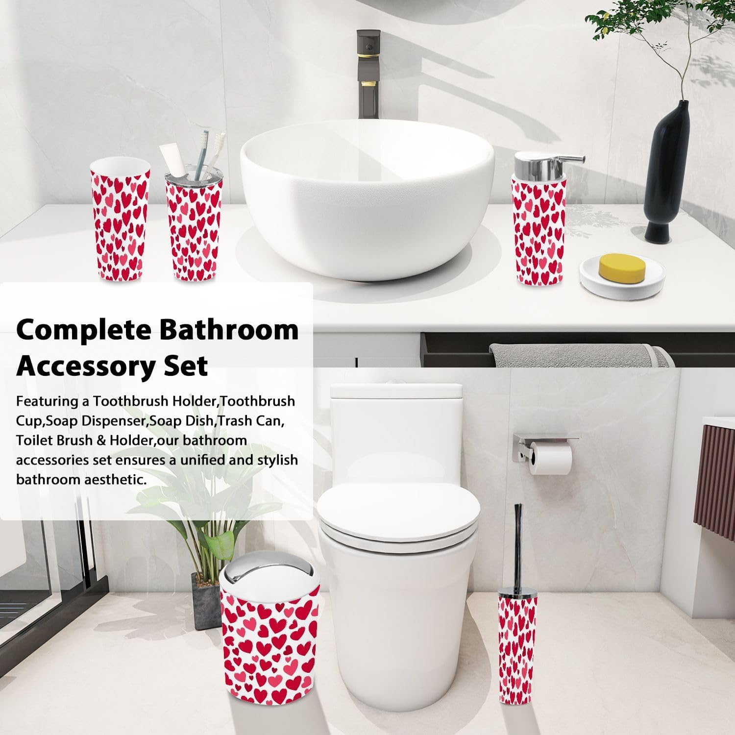 TRANQDEHOM 6 Piece Bathroom Accessory Set Pink Hearts Boho Style