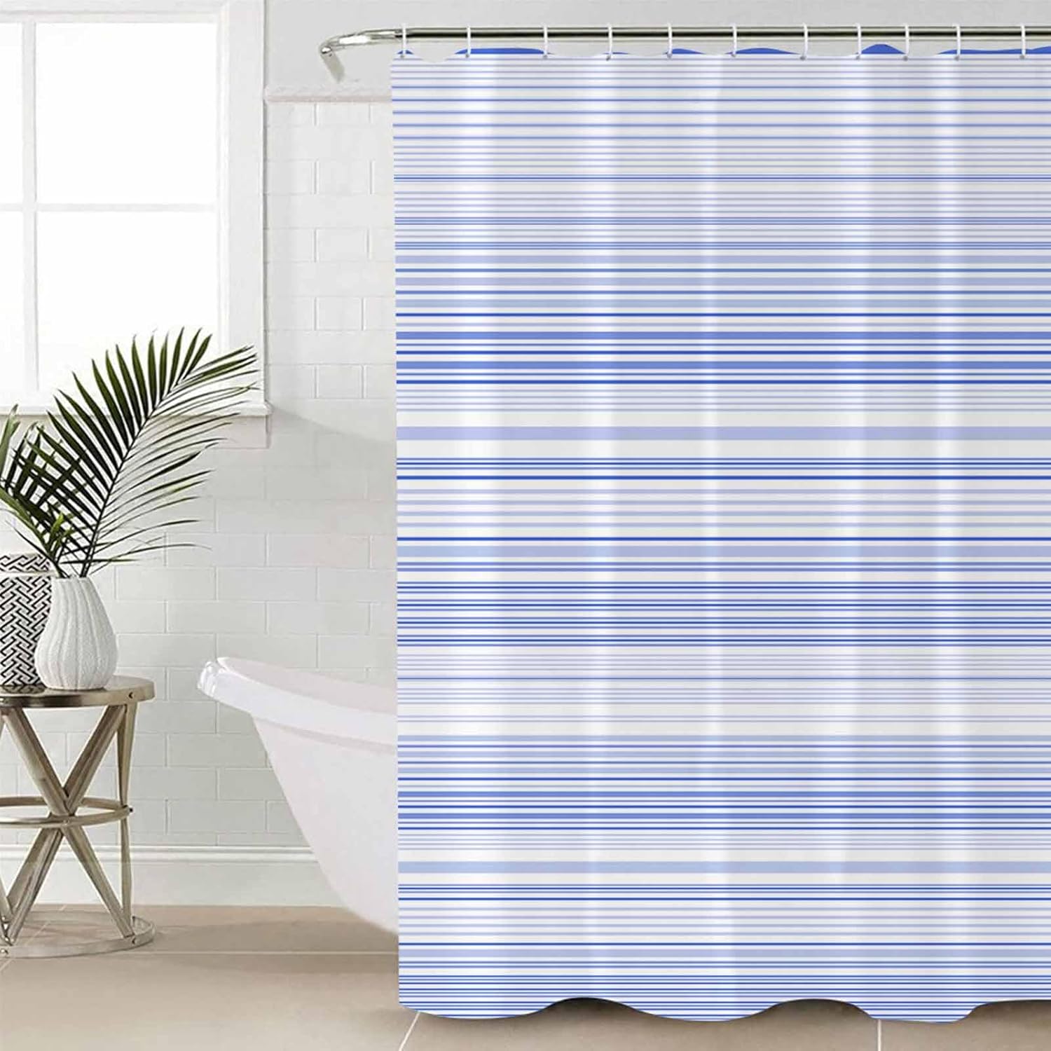 ZOE GARDEN Blue Pinstripe Bathroom Set with Curtain Rug and 12 Hooks
