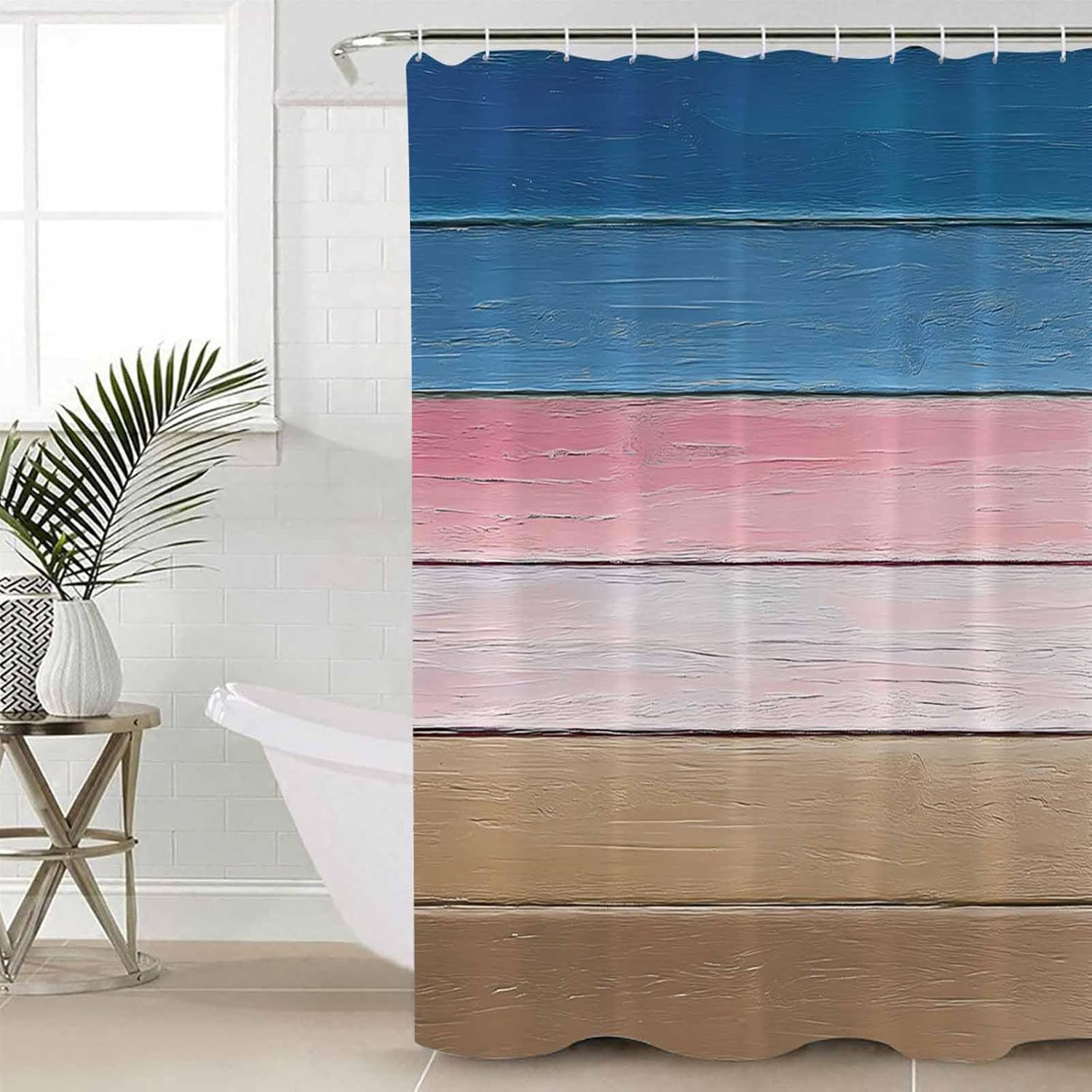 ZOE GARDEN Blue Pink Bathroom Set with Curtain Rug Hooks and Mat