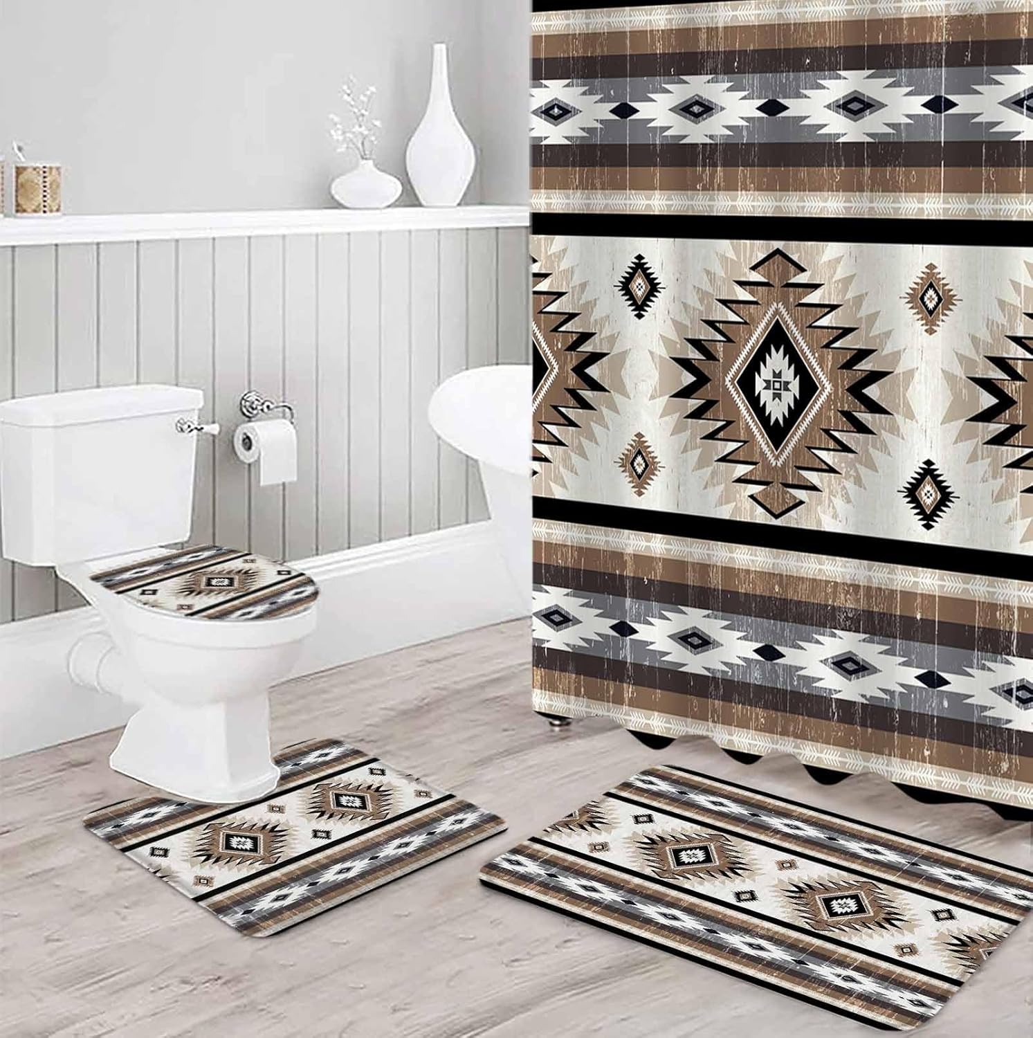 Brown Southwest Bathroom Set with Shower Curtain and Rug