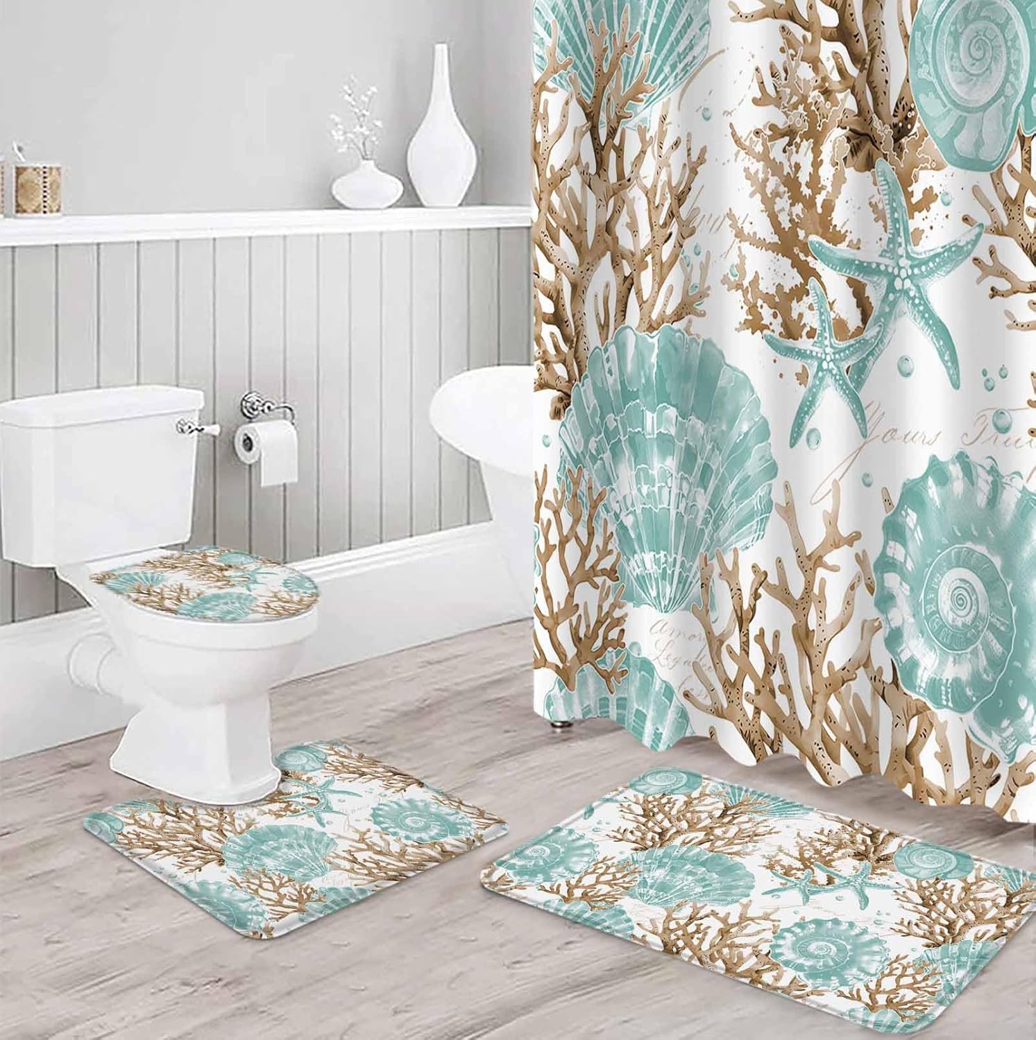 Turquoise Starfish Bathroom Set with Curtain Rug and Accessories