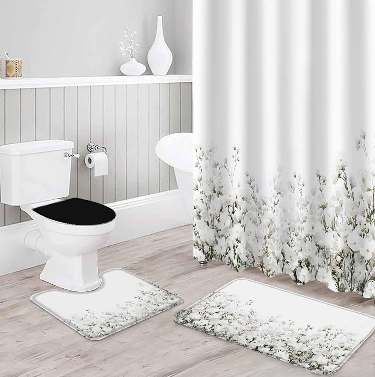 ZOE GARDEN White Floral Bath Set with Curtain Rug and Accessories