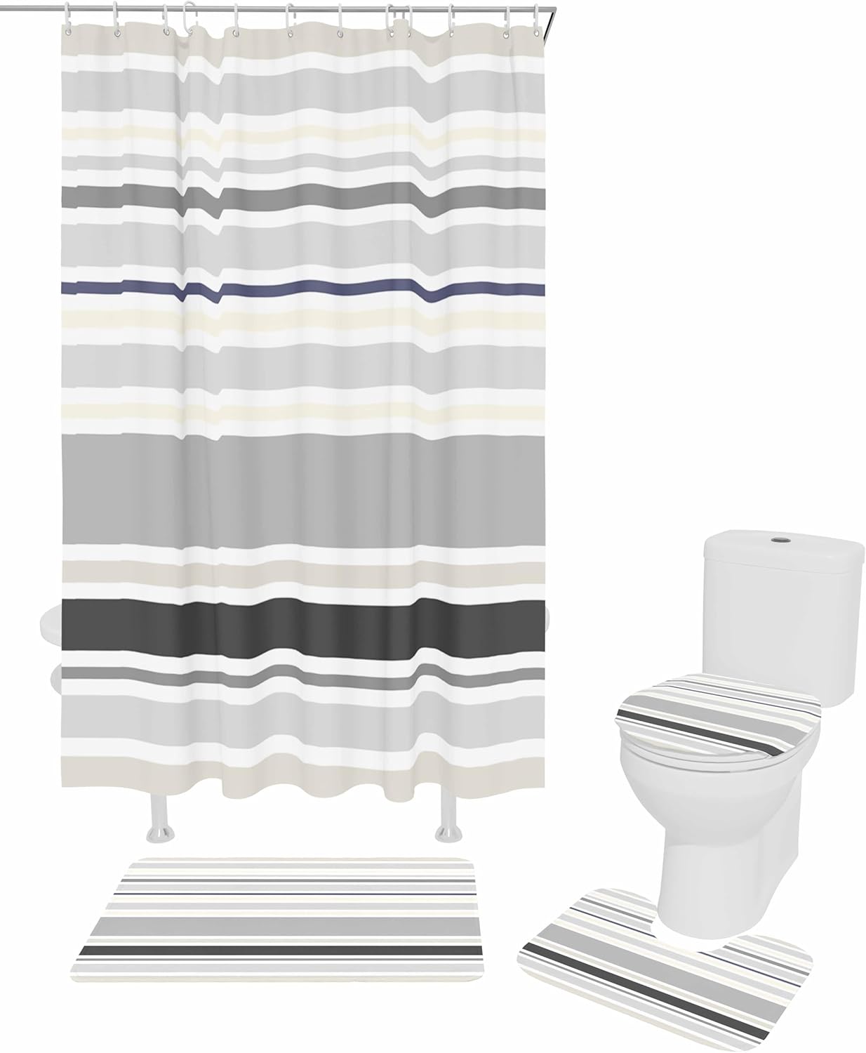 Grey Stropes Bathroom Set with Curtain Rug and Accessories