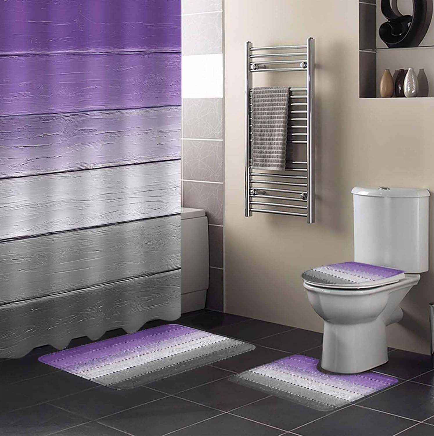 ZOE GARDEN Purple Grey Bathroom Set with Curtain Rug and Accessories