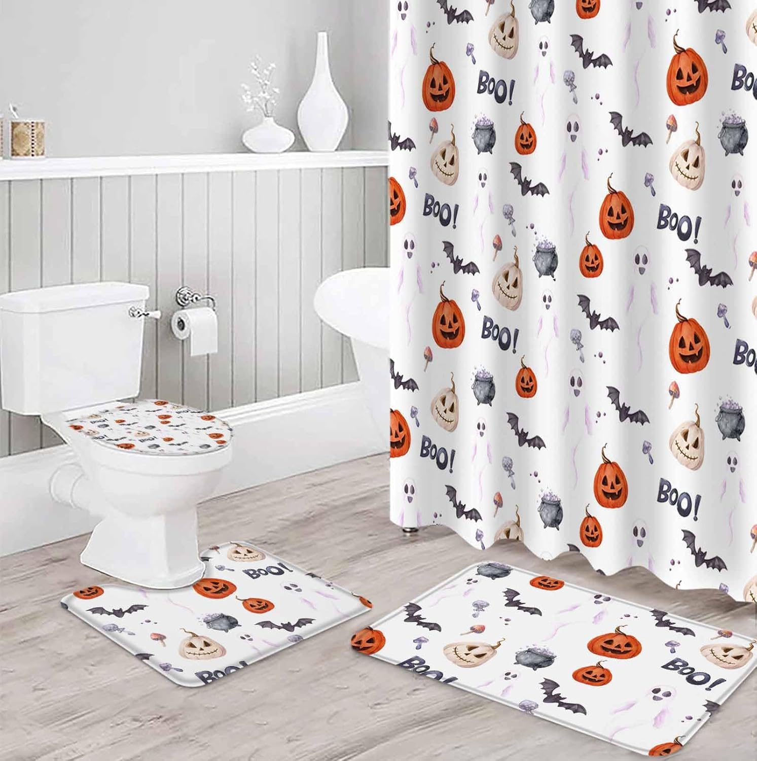 Halloween Bath Set with Curtain Rug and Hooks - 72x72 Inches