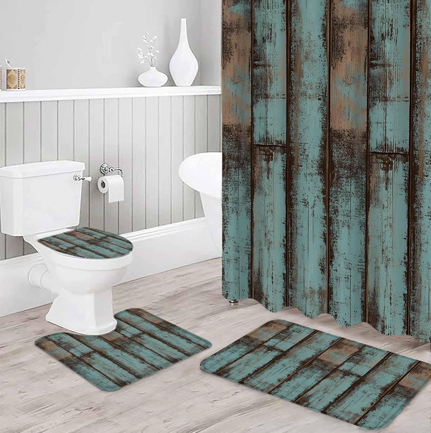 Turquoise Blue Bathroom Set with Rug and Curtain Accessories