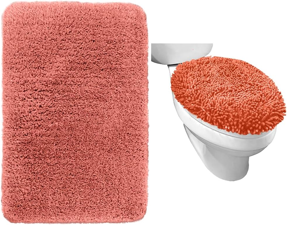 GORILLA GRIP Coral Bath Rug Toilet Lid Cover Bundle