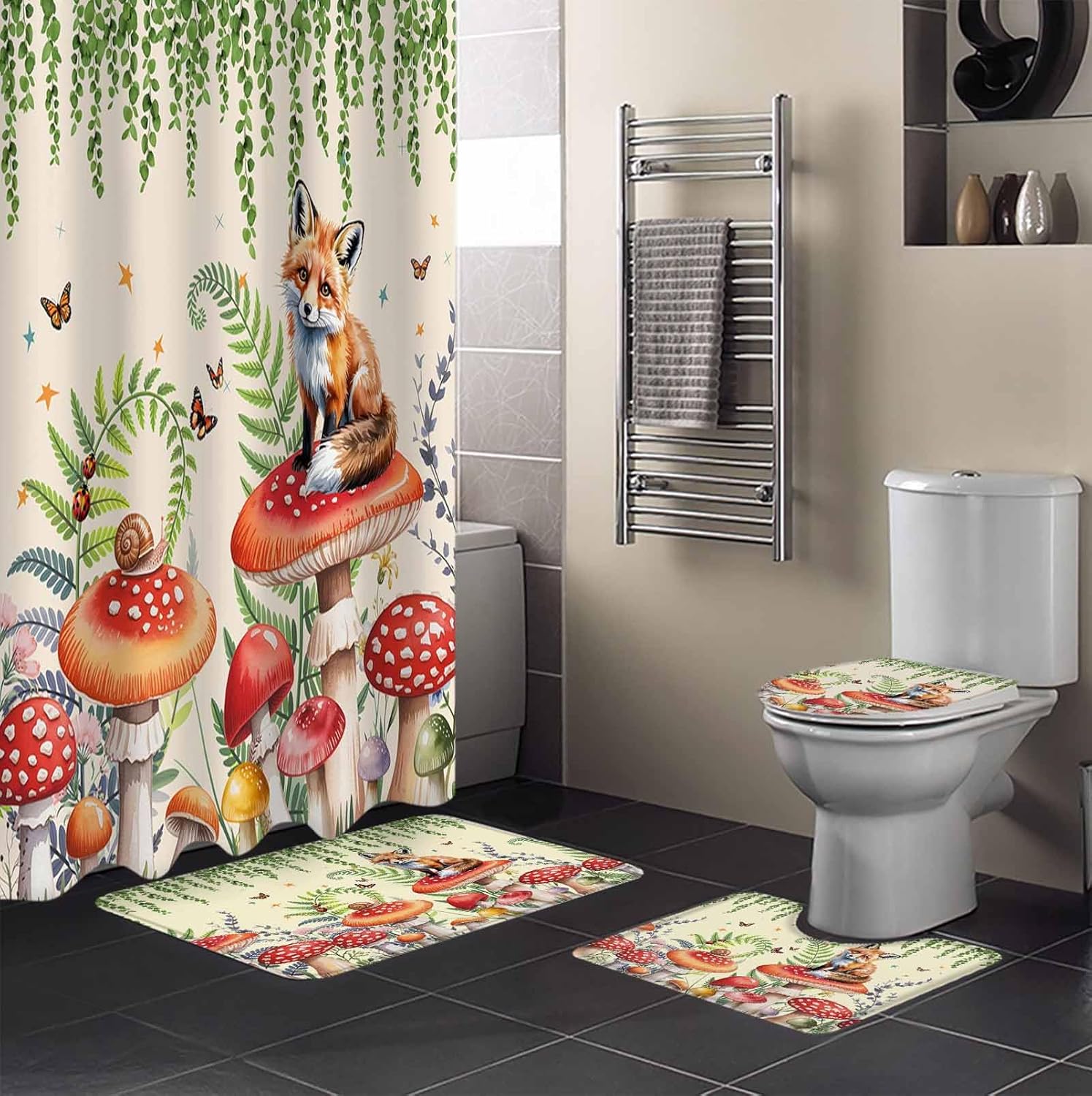 Mushroom Fox Bathroom Set - 36x72 Inches Retro Design