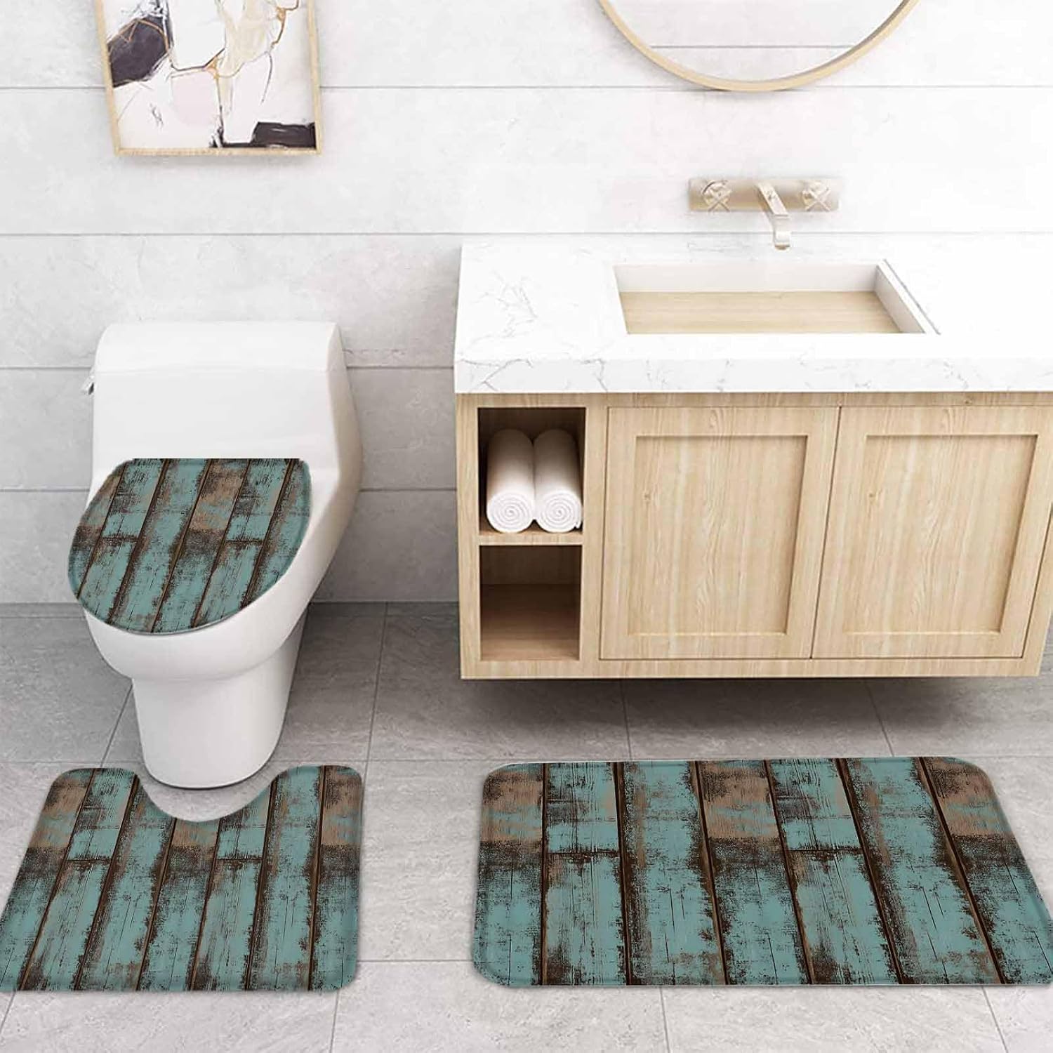 Turquoise Blue Bathroom Set with Rug and Curtain Accessories