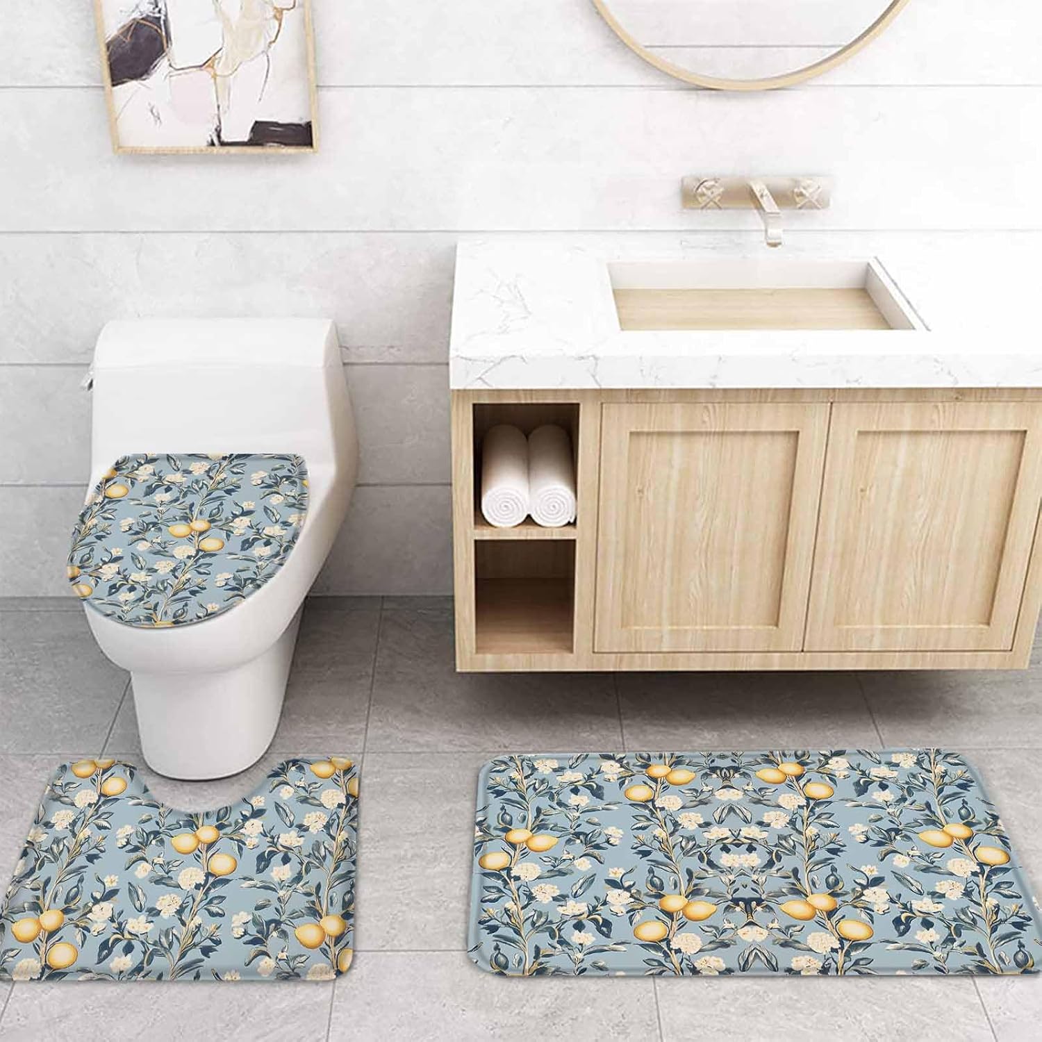 ZOE GARDEN Lemon Leaves Bathroom Set with Curtain Rug and Accessories