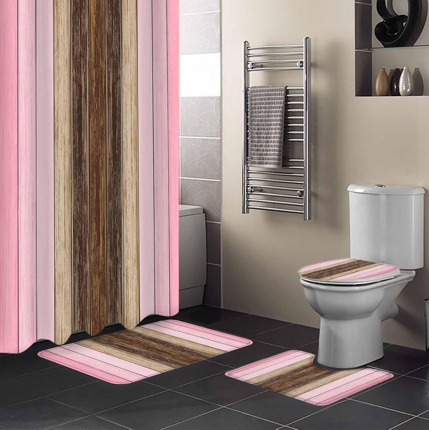 Pink Brown Wood Grain Bathroom Set with Shower Curtain Rug and Accessories