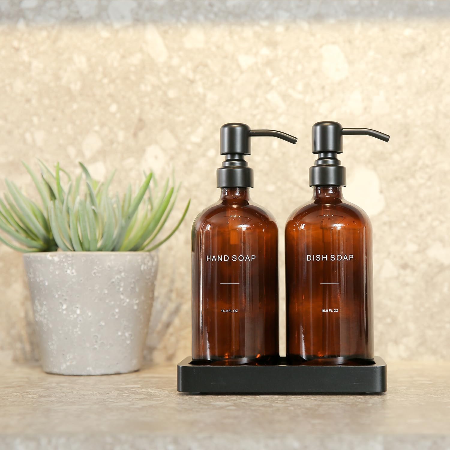 Amber Glass Soap Dispenser Set with Metal Pump