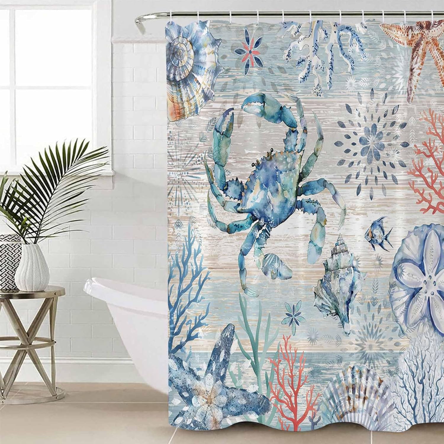 ZOE GARDEN Retro Blue Bathroom Set with Curtain Rug and Hooks