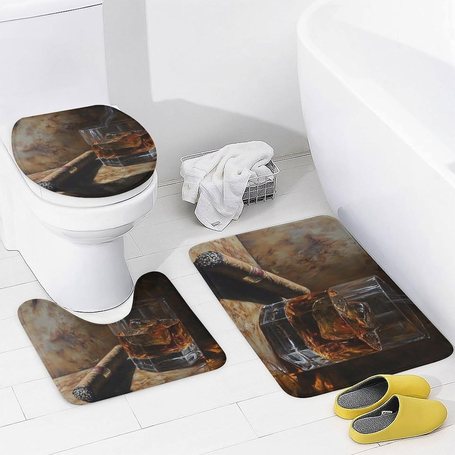 HDESDIS 4Pcs Cigar Oil Painting Shower Curtain Set