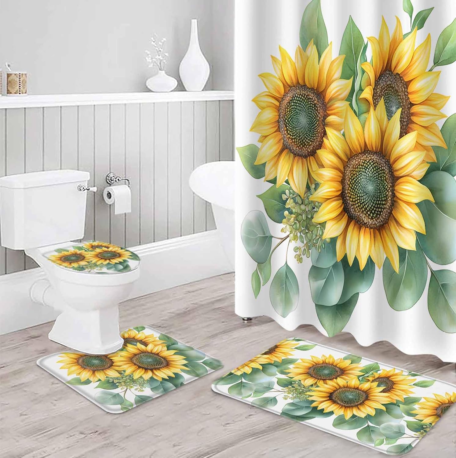 ZOE GARDEN Sunflower Bath Set - 36x72 Waterproof Curtain Mat Rug Accessories