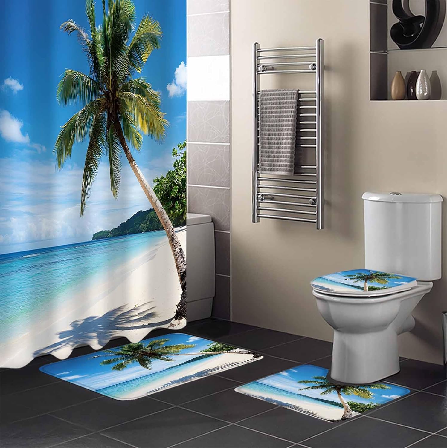 Ocean Beach Bathroom Set with Curtain Rug and Accessories
