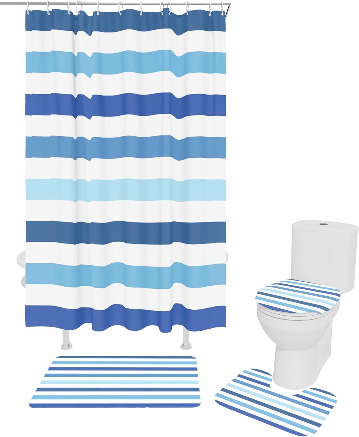 Blue Striped Bathroom Set with Shower Curtain and Rug