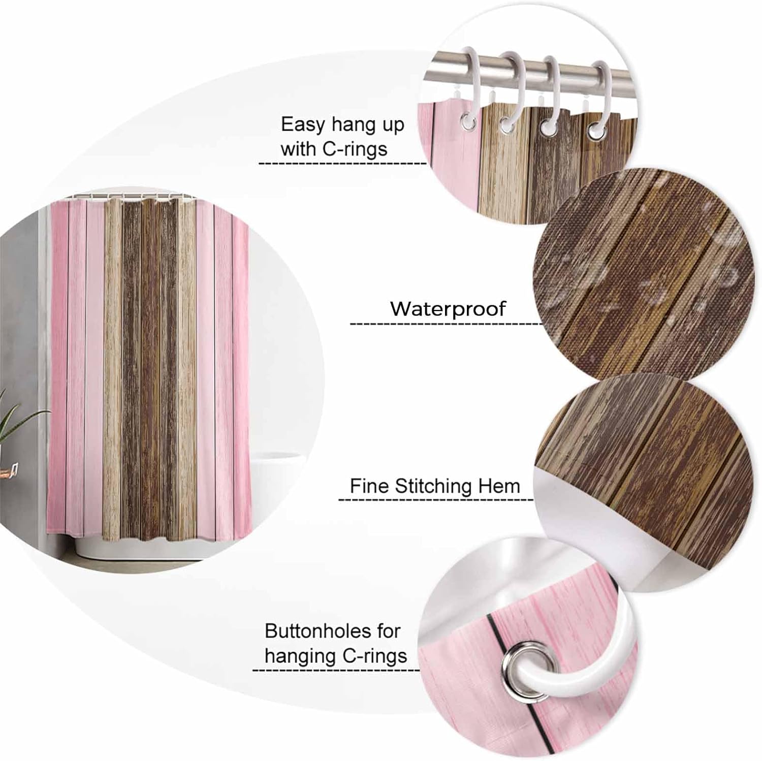 Pink Brown Wood Grain Bathroom Set with Shower Curtain Rug and Accessories