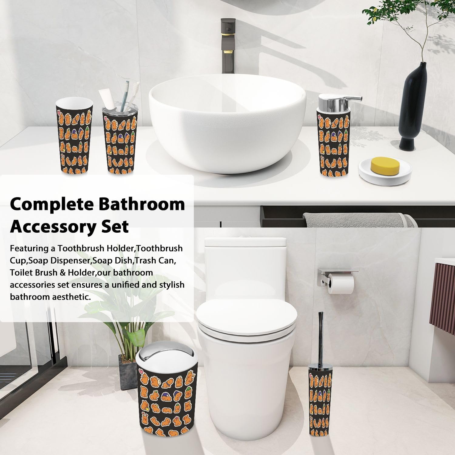 Boho Kawaii Capybara Bathroom Accessory Set 6 Piece 1