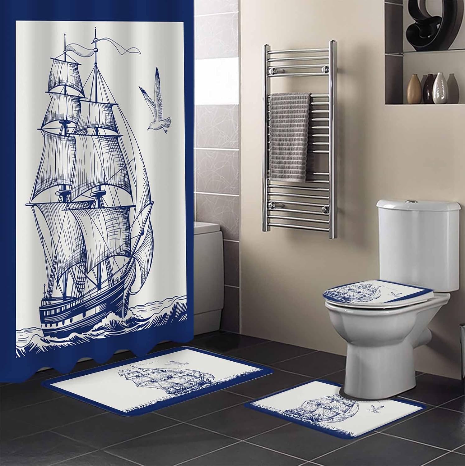 Nautical Sailboat Bathroom Set with Curtain Rug and Hooks - Navy Blue 36x72 Inches