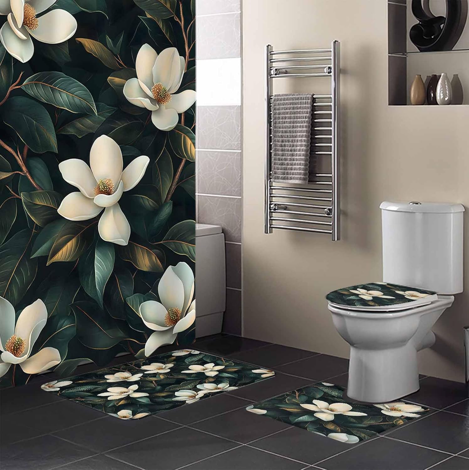 Floral Bathroom Set with 36x72 Inch Curtain and Rug