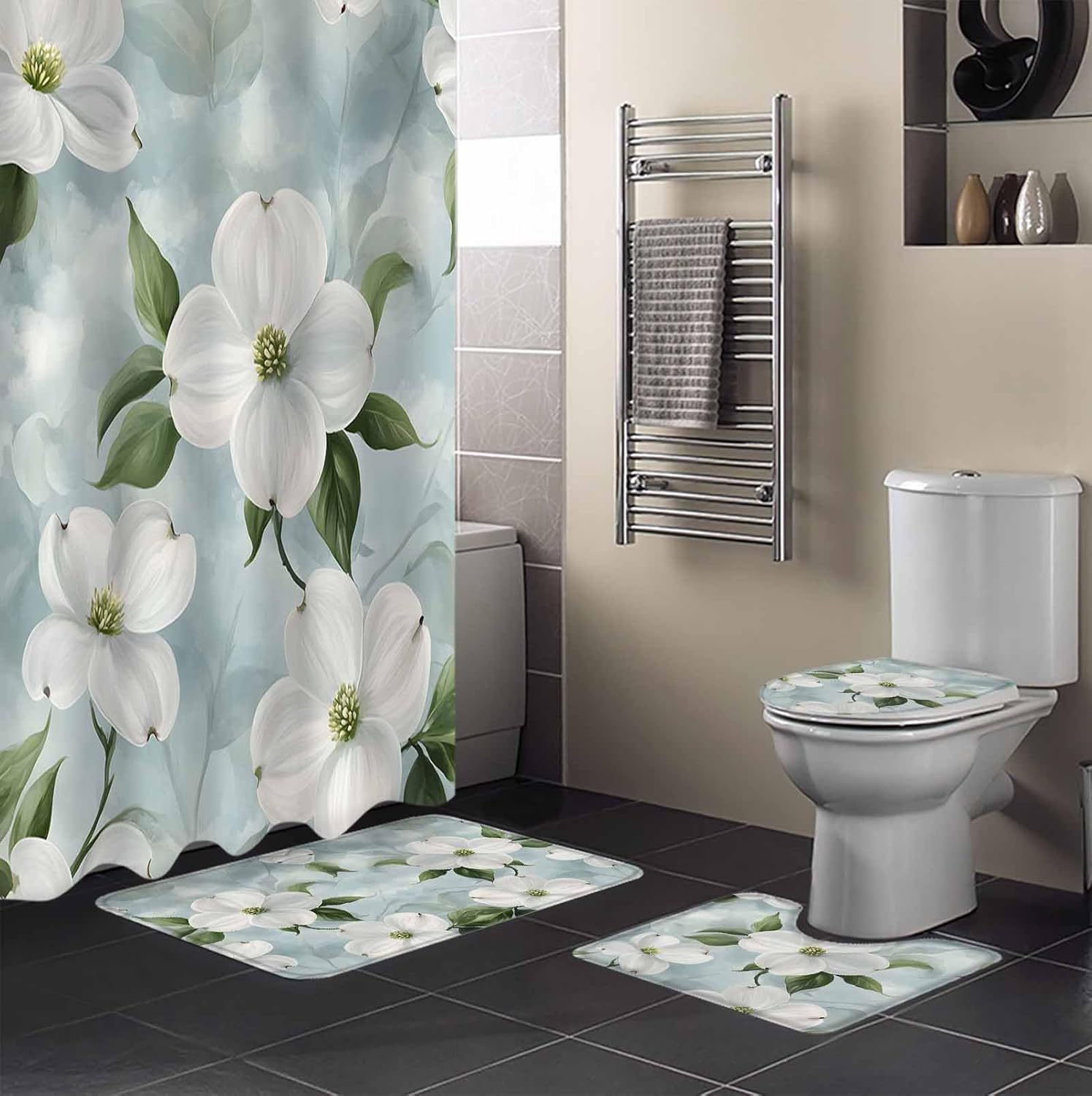 White Floral Bathroom Set with Curtain and Rug - 36x72 Inches