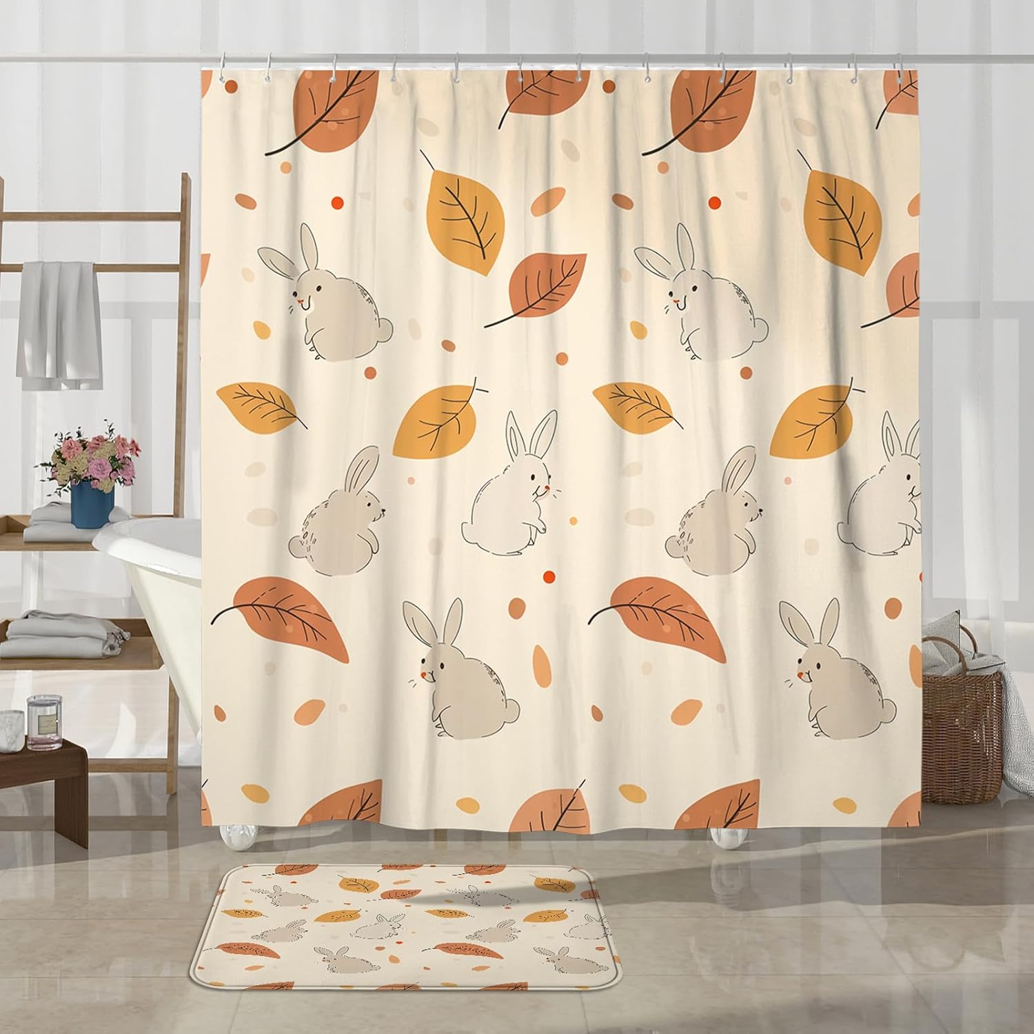 4PCS Fall Cartoon Rabbit Bathroom Set with Non-Slip Rug and Toilet Cover