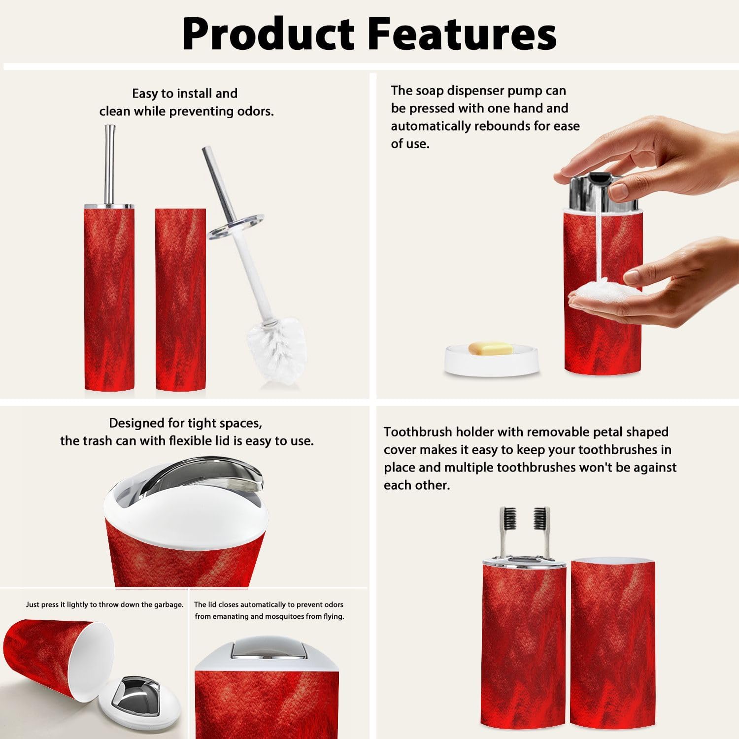 Boho Bathroom Accessory Set 6 Piece Red Foil Glitter Aluminum Shiny Ombre