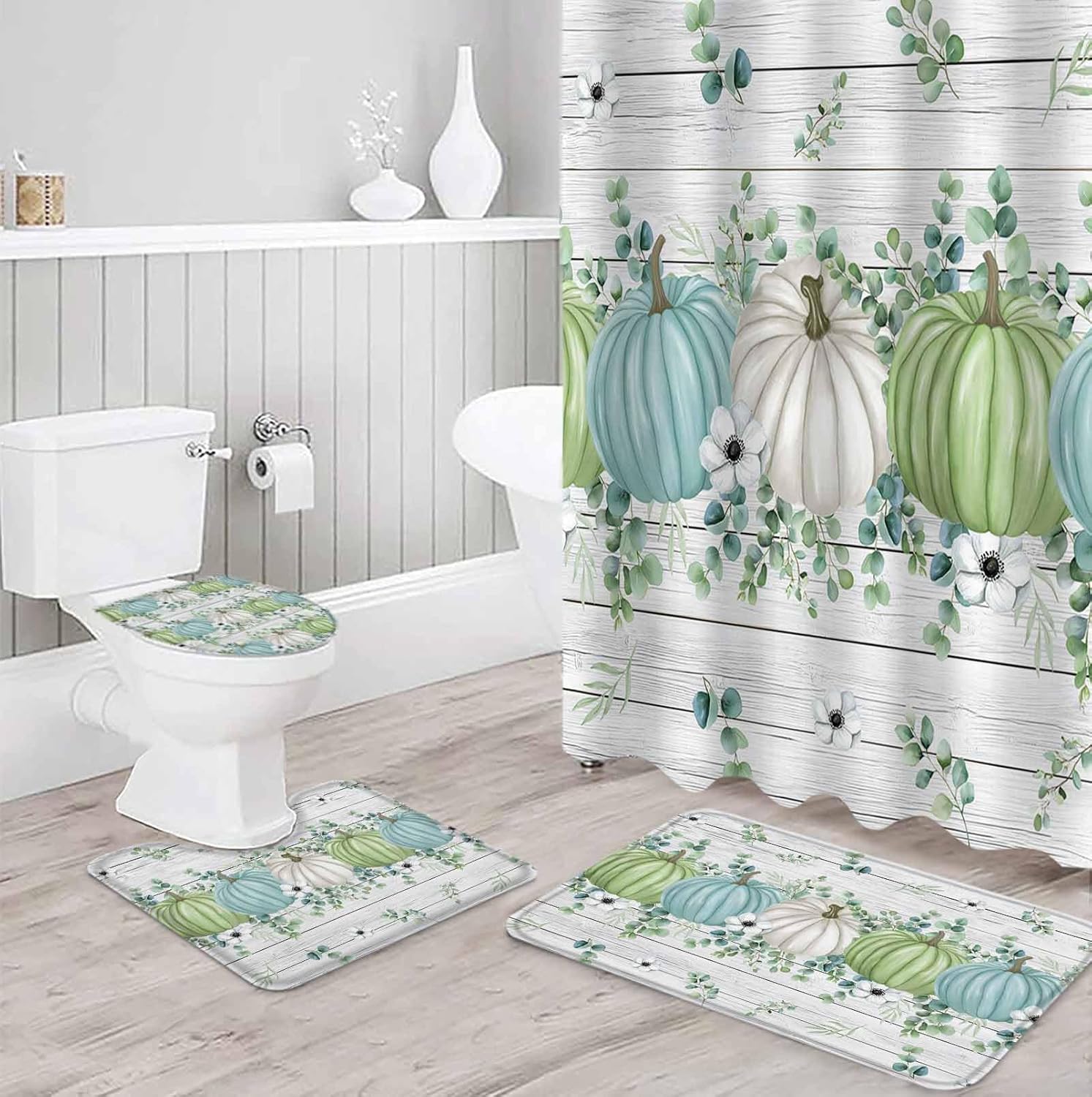 Thanksgiving Fall Bathroom Set with Shower Curtain Rug and Hooks