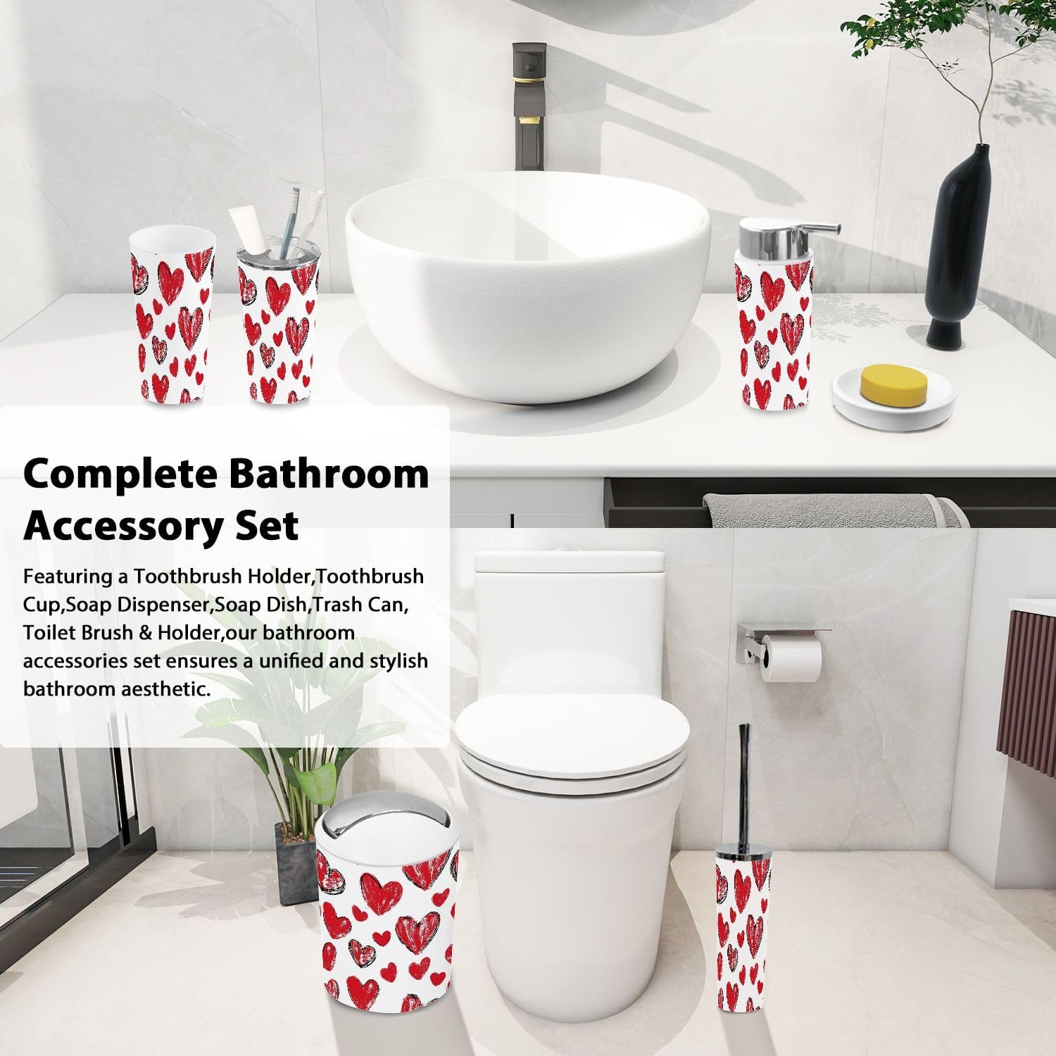 Boho Red Heart Bathroom Accessory Set 6 Piece