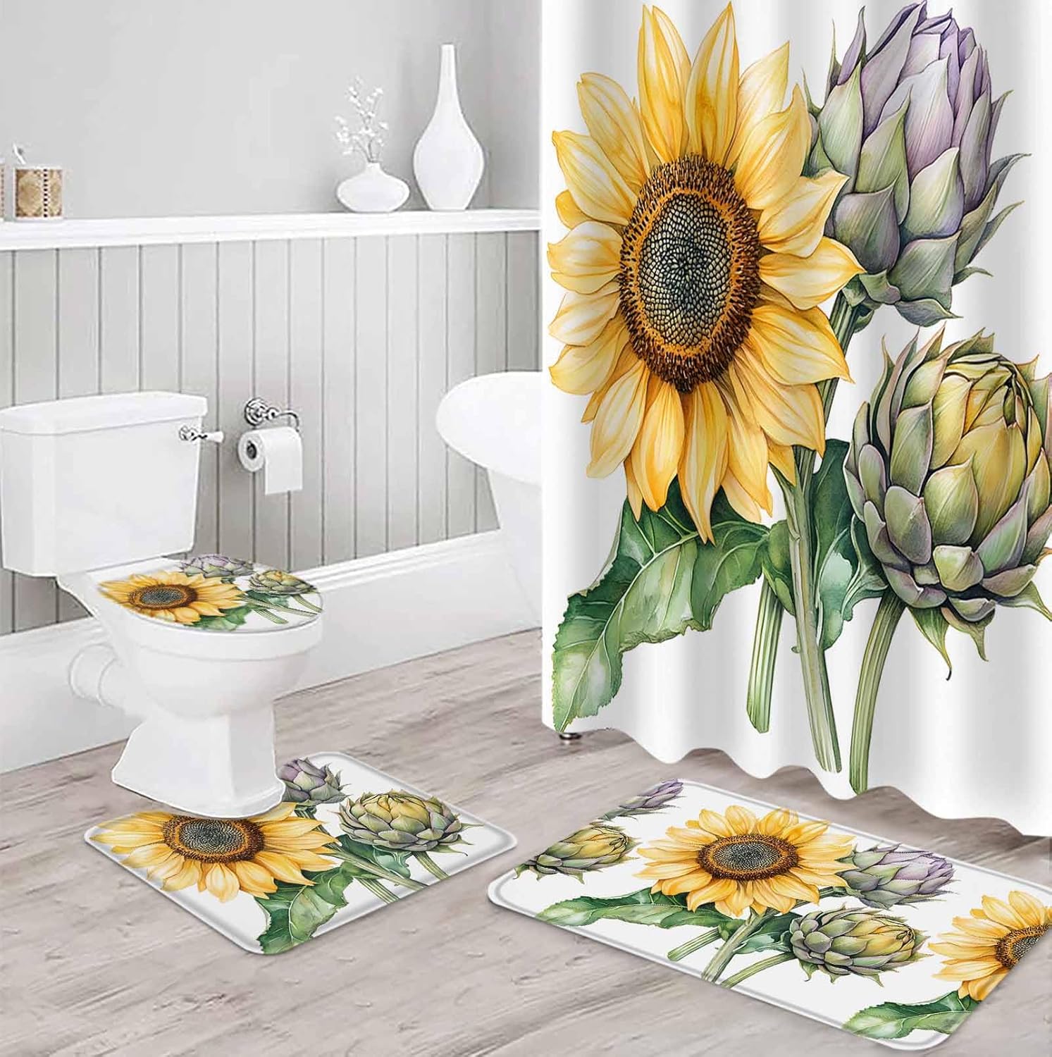 ZOE GARDEN Sunflower Bathroom Set with Curtain and Rug