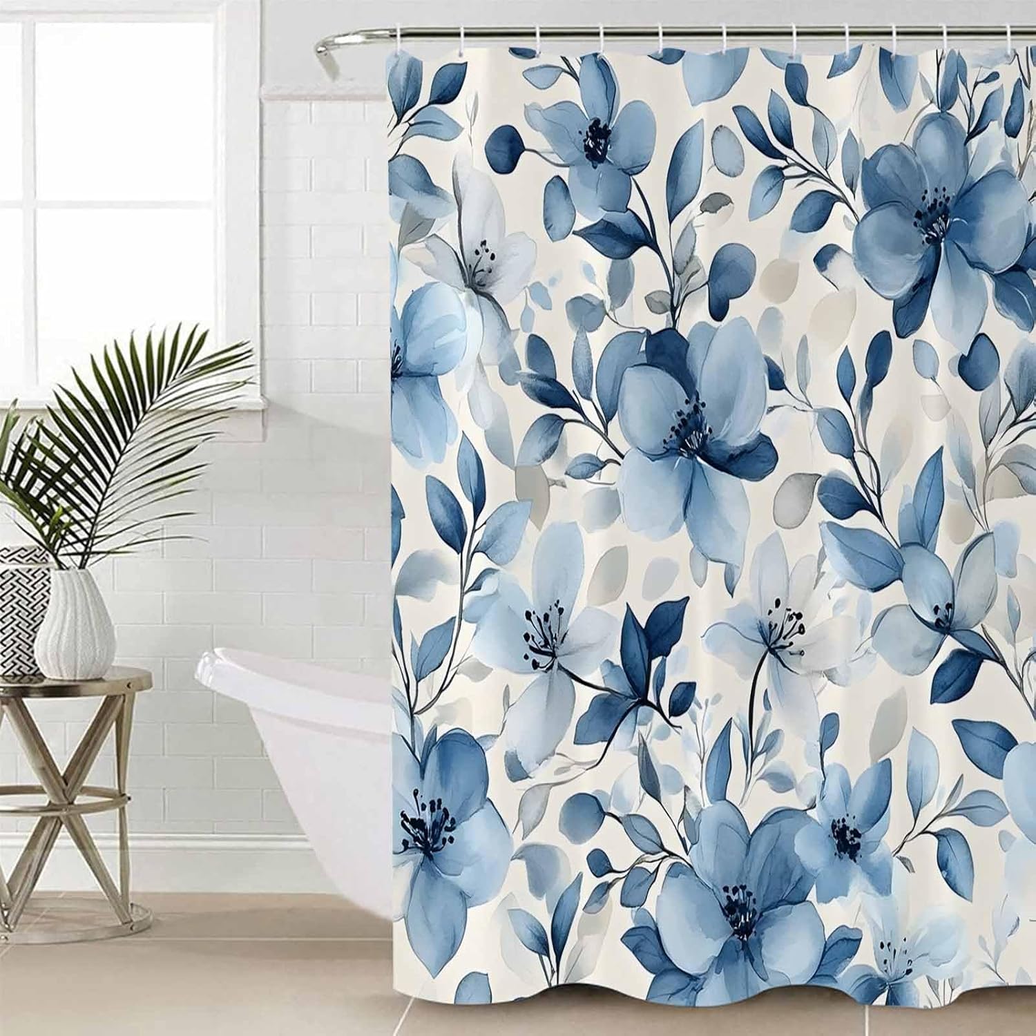 ZOE GARDEN Blue Flower Bath Set with Rug and Curtain