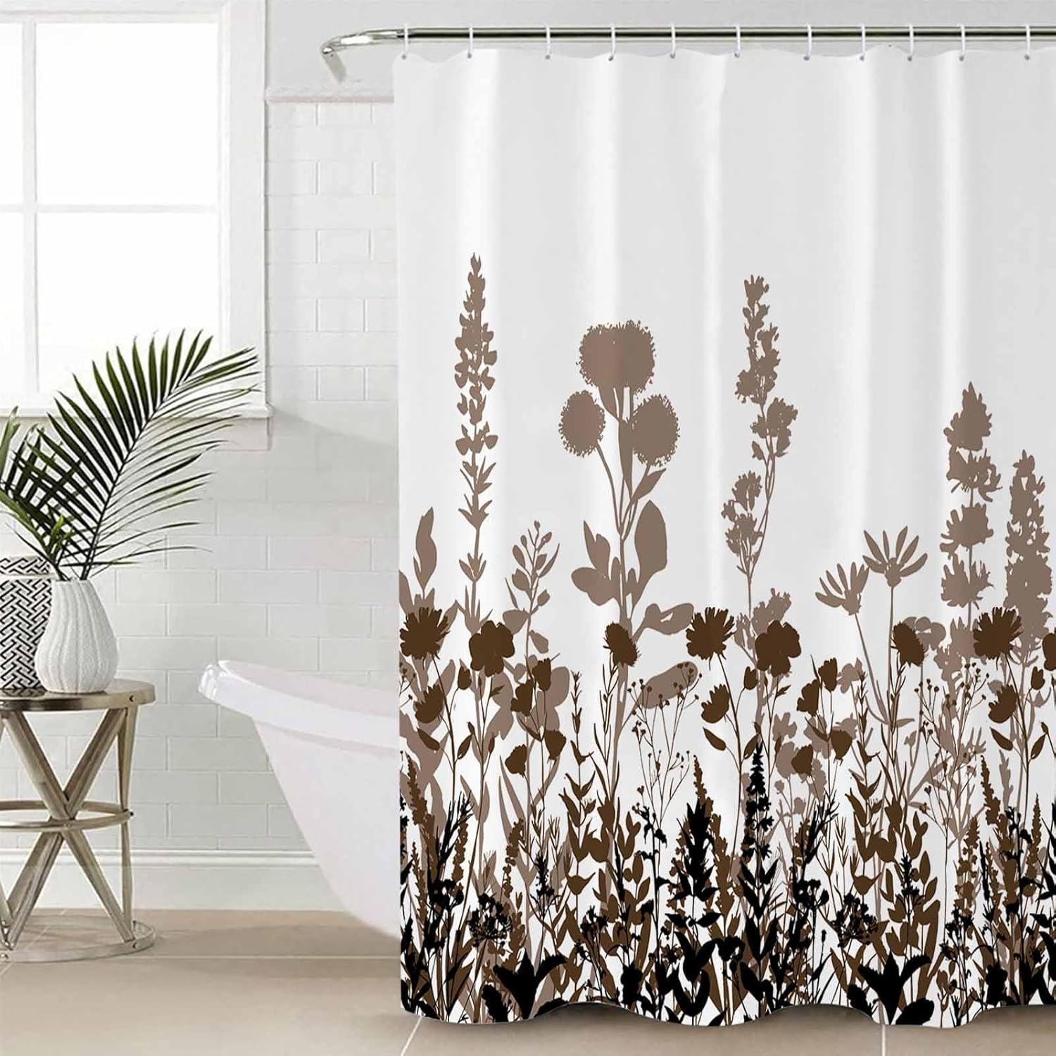 Brown Botanical Bathroom Set with Rug and Hooks