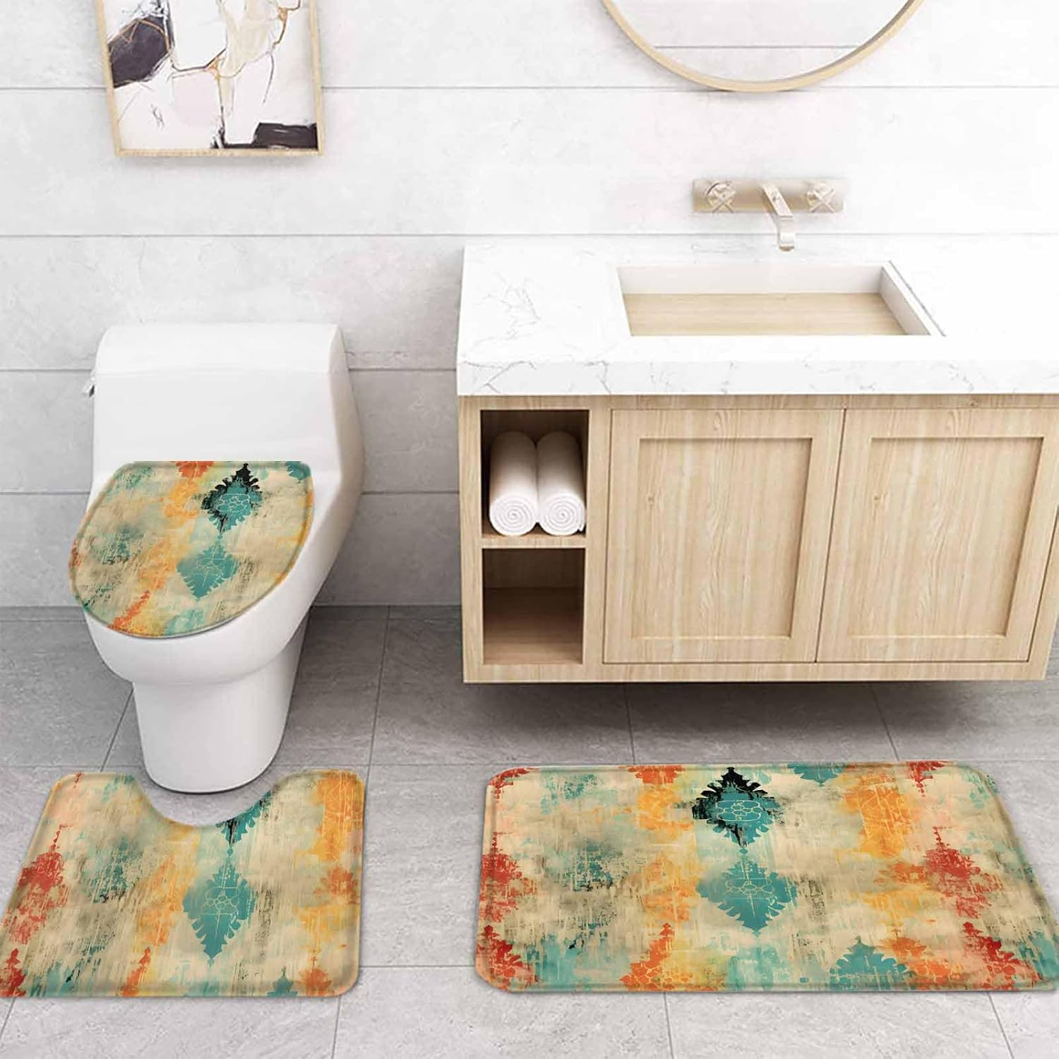 ZOE GARDEN Yellow Abstract Bathroom Set - Modern Art Shower Curtain and Rug Set