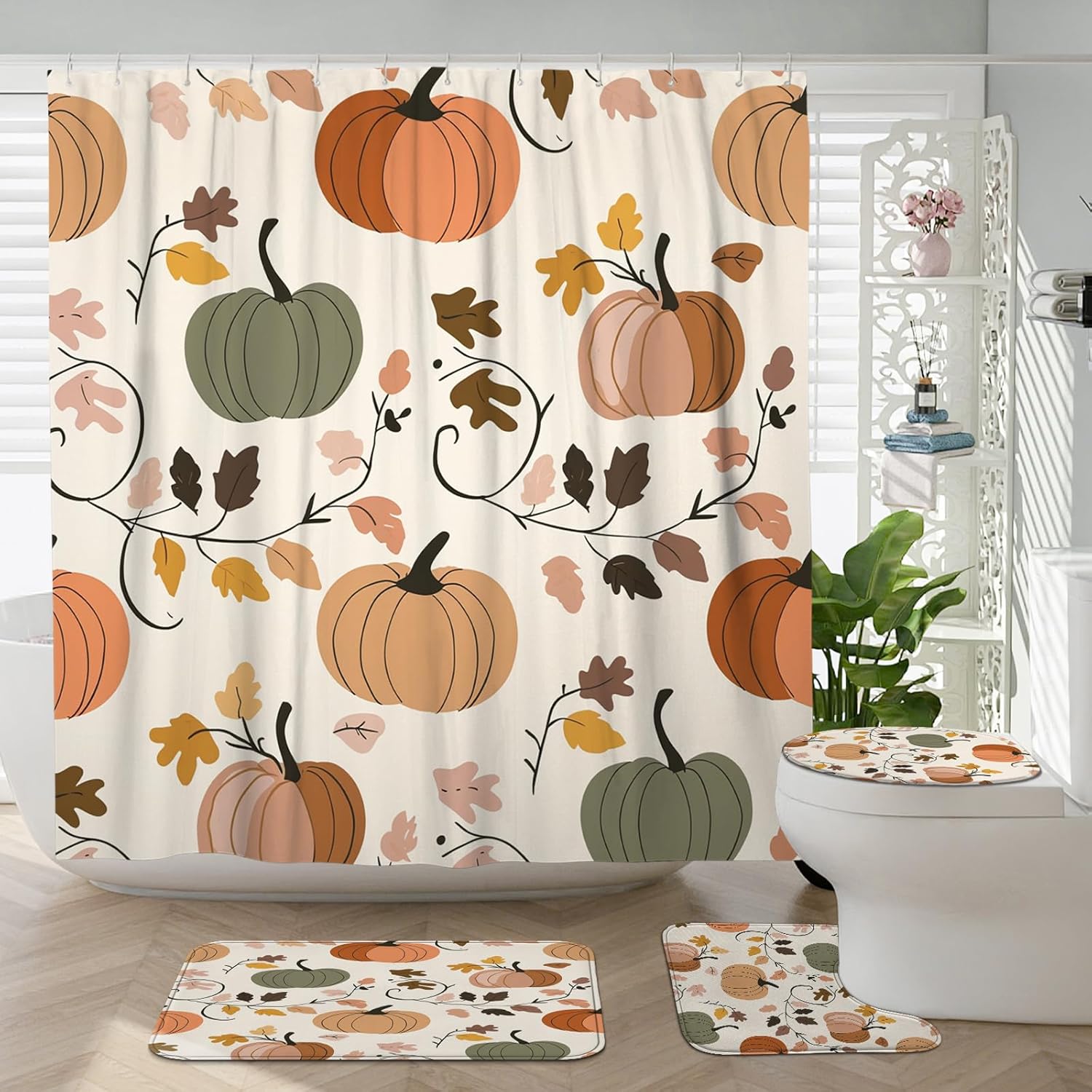4PCS Fall Cream Pumpkin Bathroom Set with Non-Slip Rug and U Shape