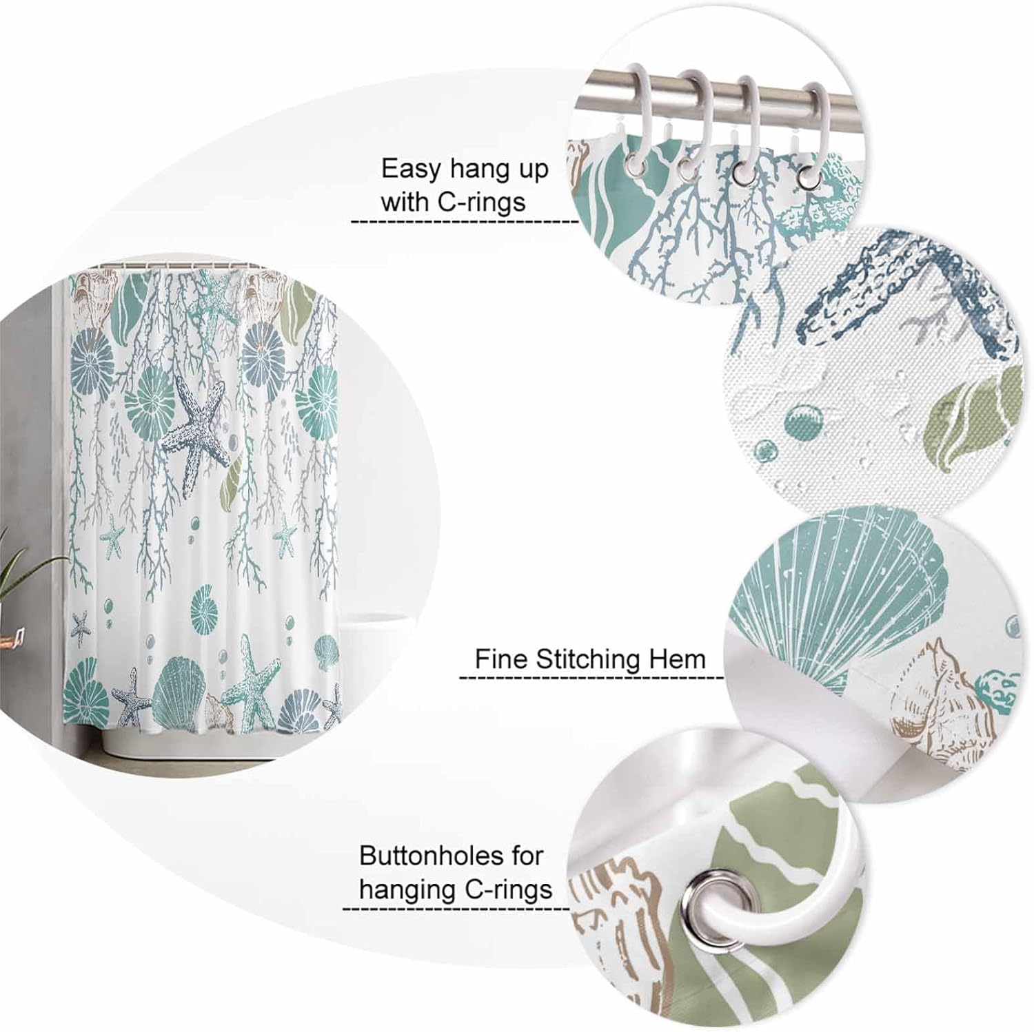 Coastal Bathroom Set with Rug and Hooks - 72x72 Inches