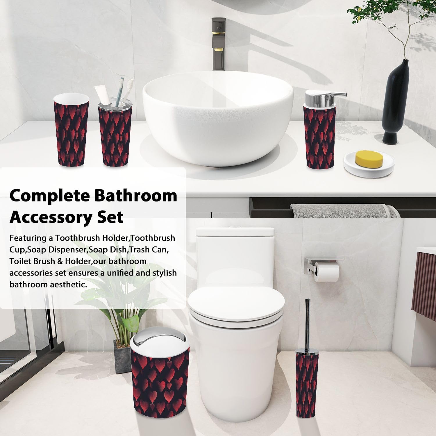 Boho Valentine Bath Accessories Set 6 Piece Red Black Hearts