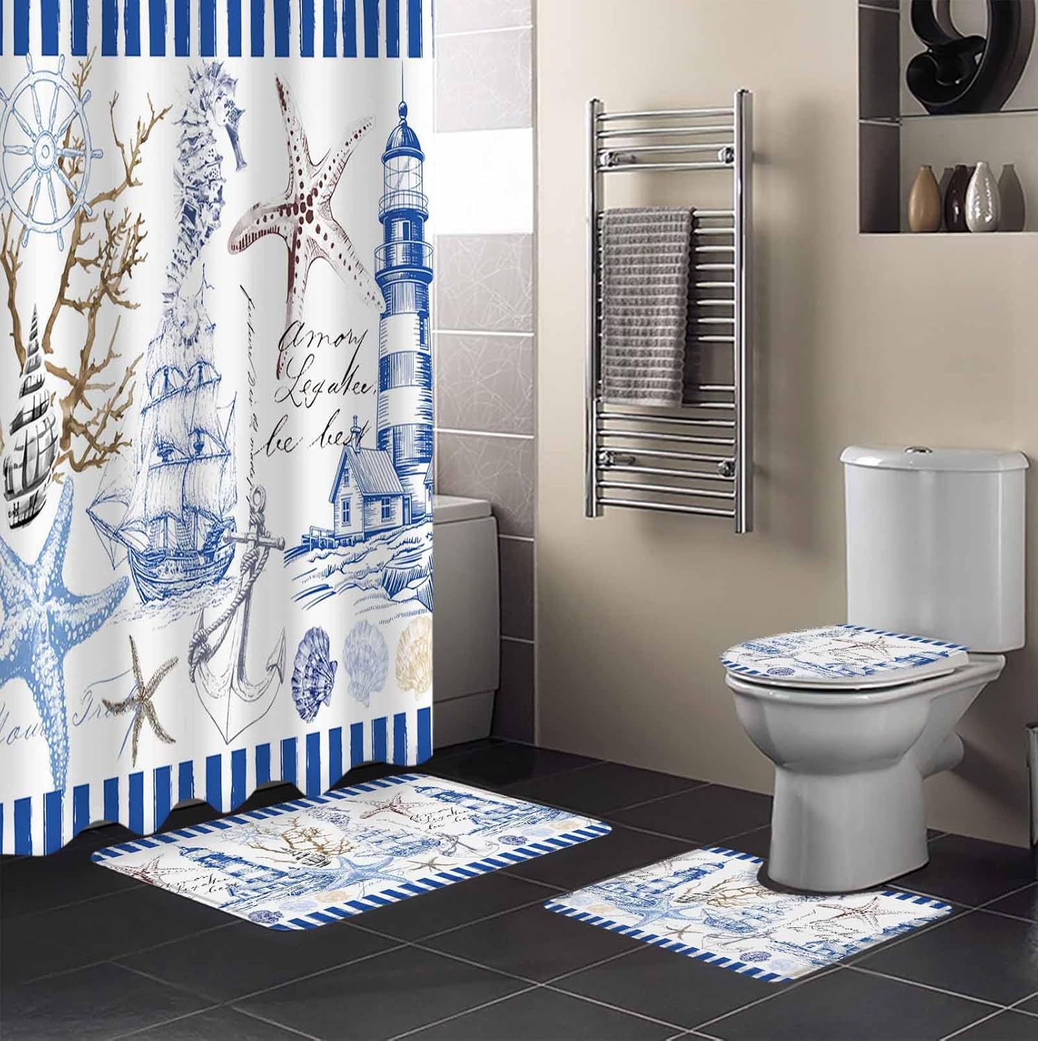 Coastal Blue Bathroom Set with Shower Curtain Rug and Accessories