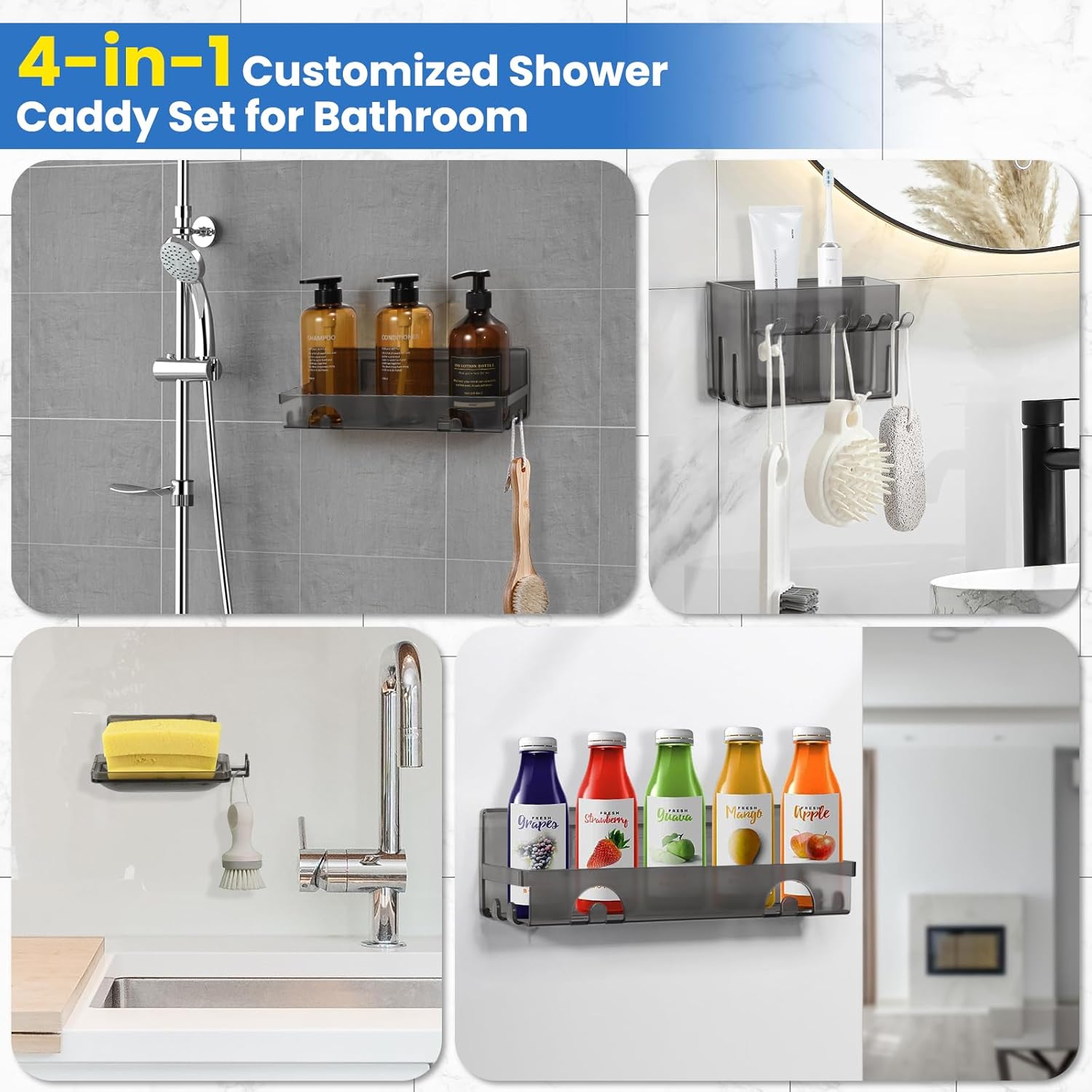 YOTOCK 4-in-1 Shower Caddy Set with Adhesive Mount and Drainage