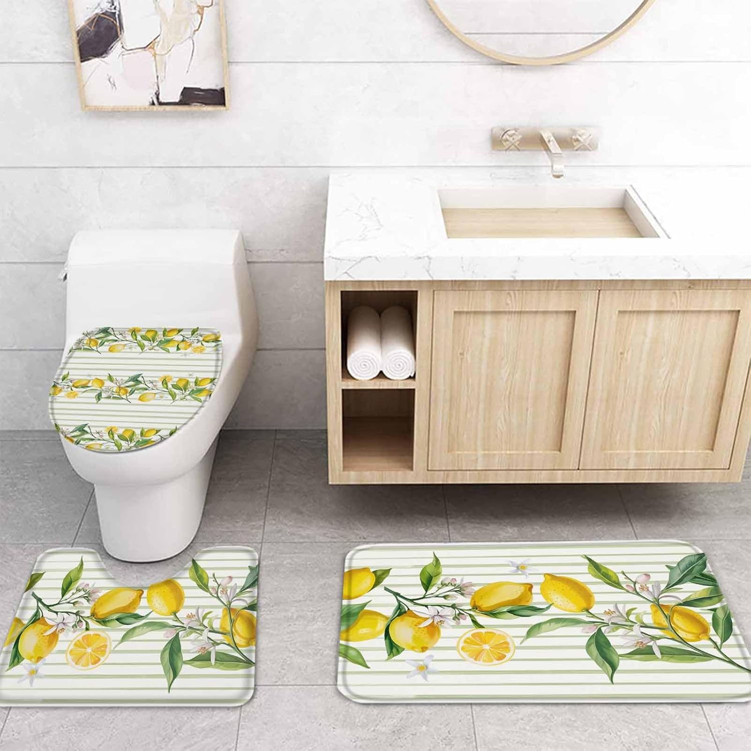 ZOE GARDEN Lemon Stripe Bathroom Set with Curtain Rug and Accessories 1
