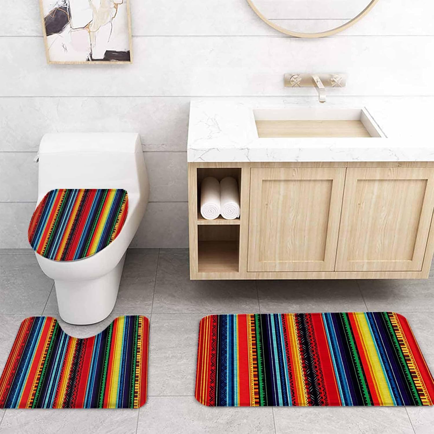 Rainbow Stripe Bathroom Set with Curtain Rug Hooks