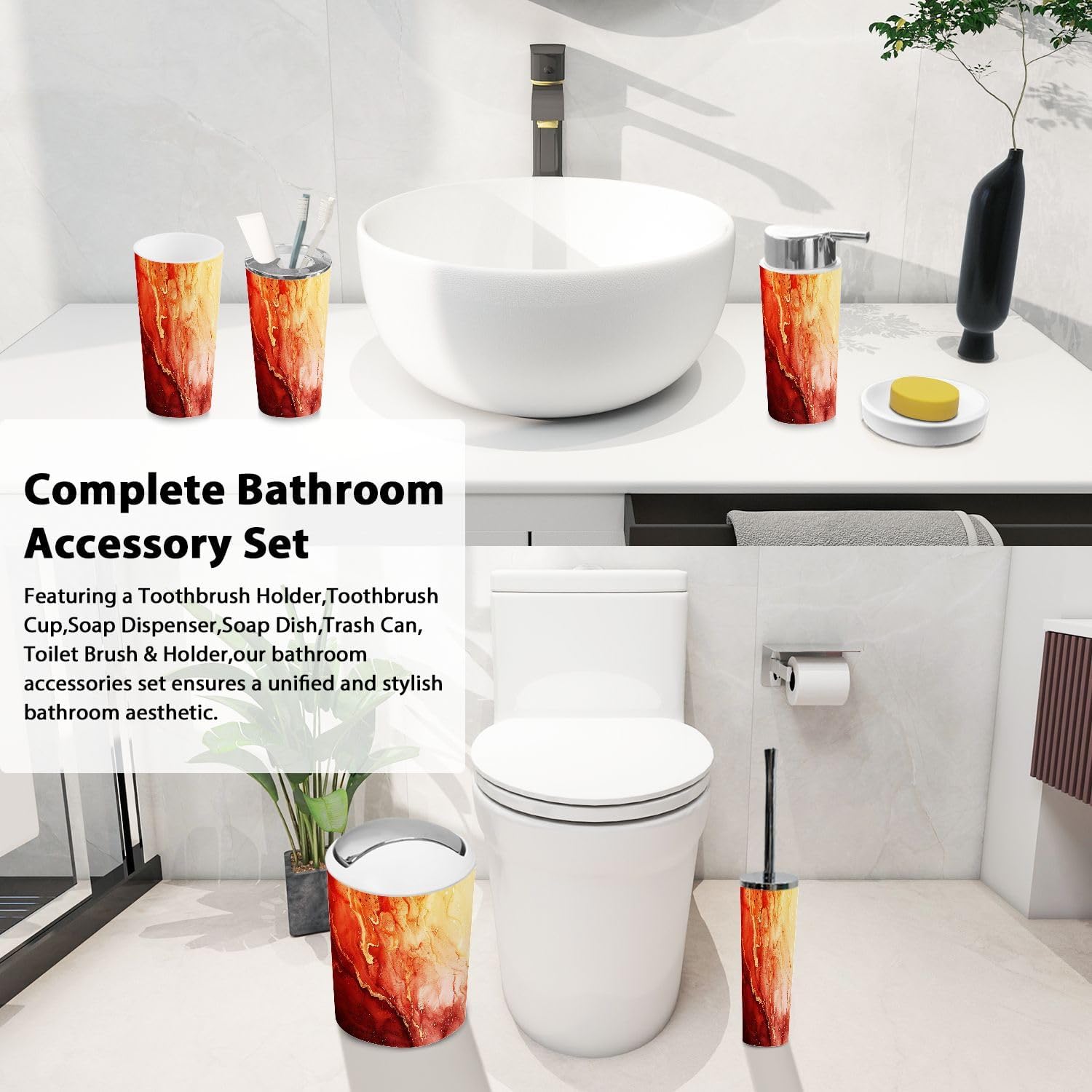 Boho Bathroom 6 Piece Marble Texture Trash Can Set