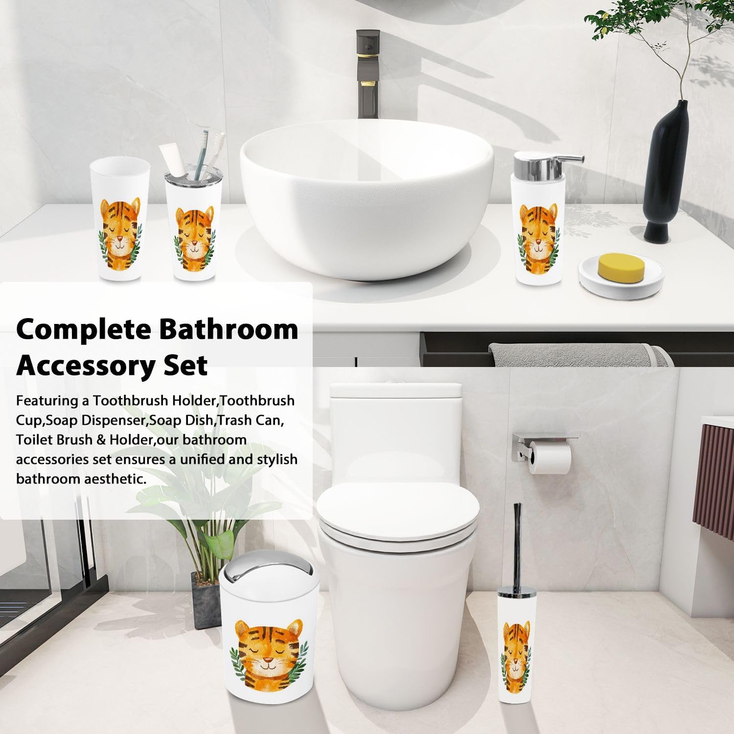 Boho Tiger Bathroom Accessory Set of 6