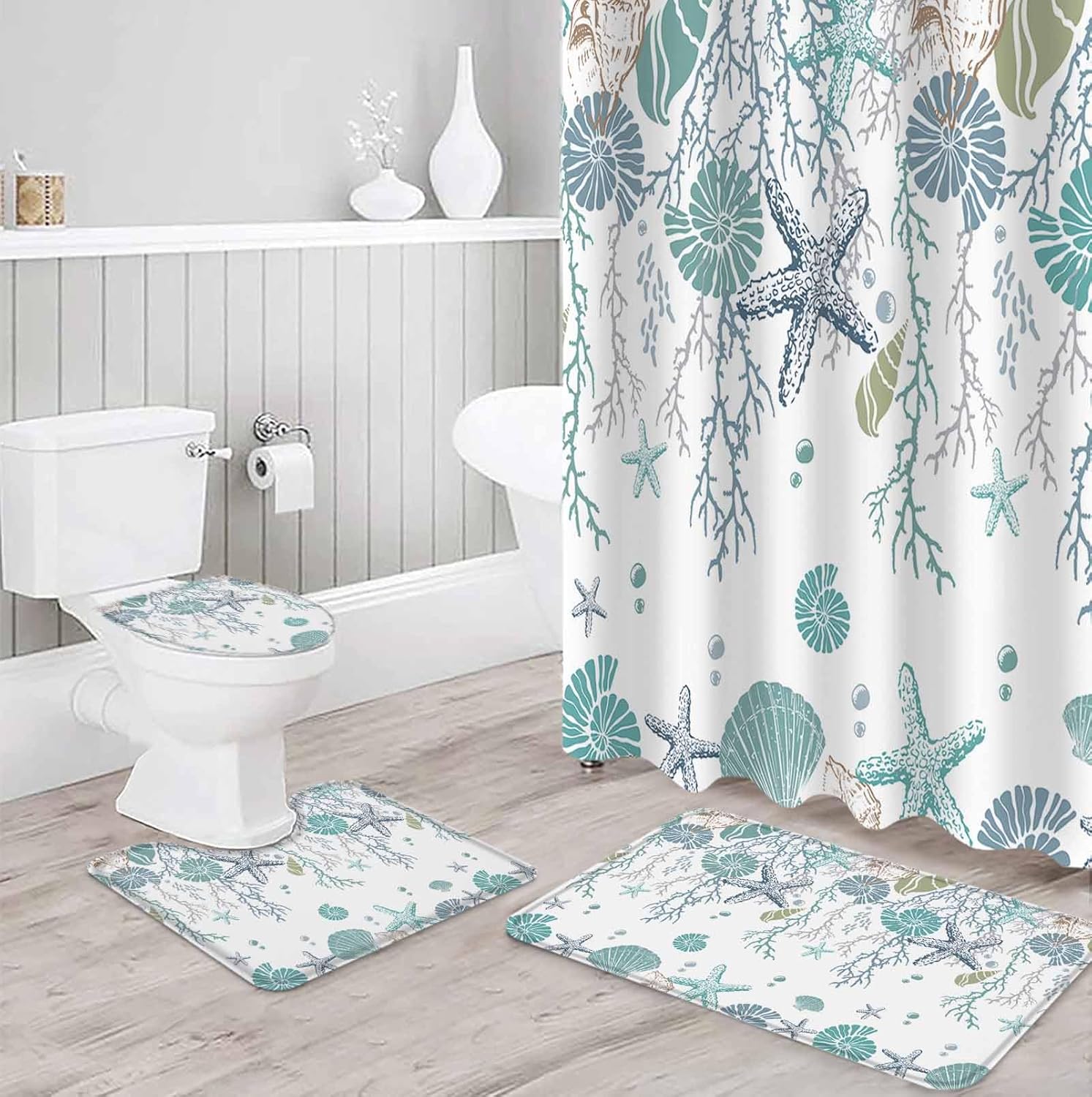 Coastal Bathroom Set with Rug and Hooks - 72x72 Inches