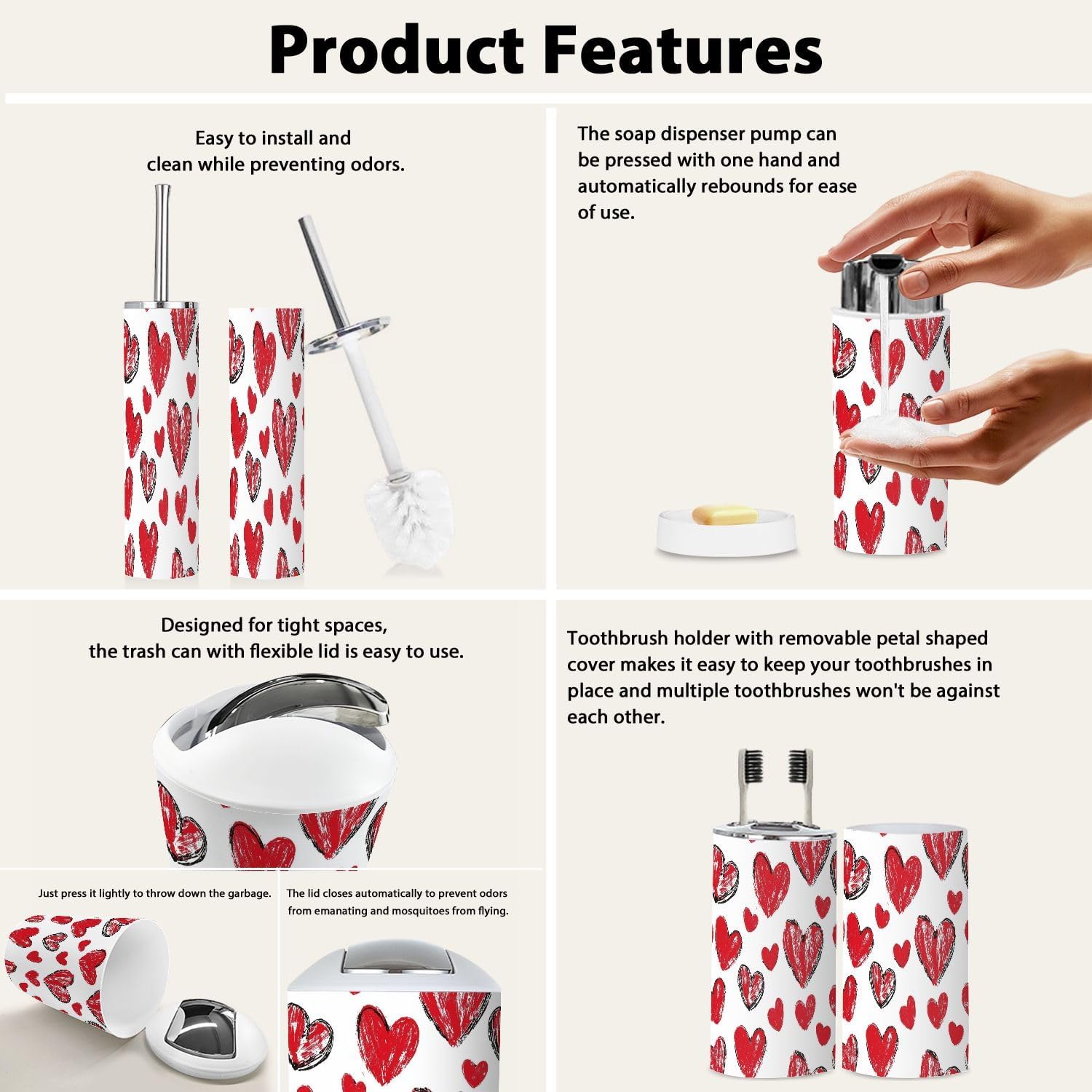 Boho Red Heart Bathroom Accessory Set 6 Piece