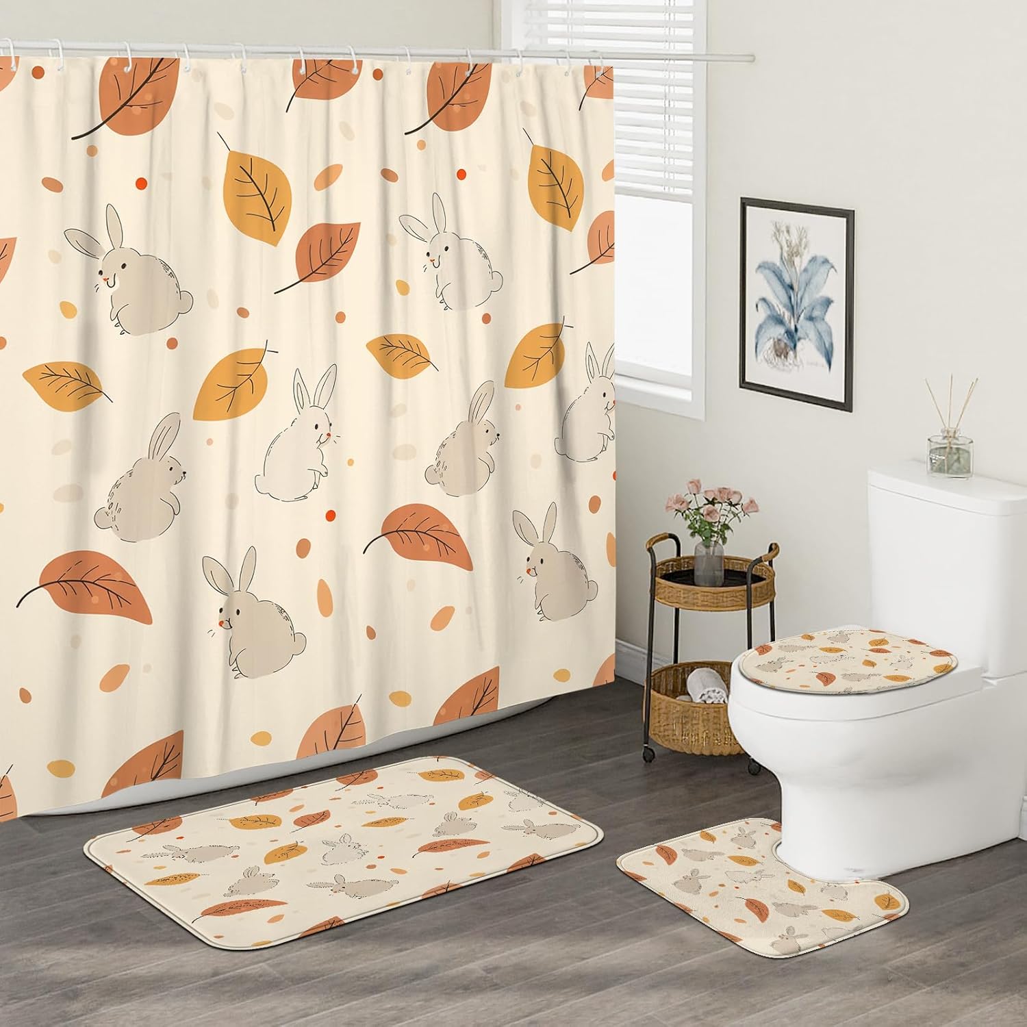 4PCS Fall Cartoon Rabbit Bathroom Set with Non-Slip Rug and Toilet Cover