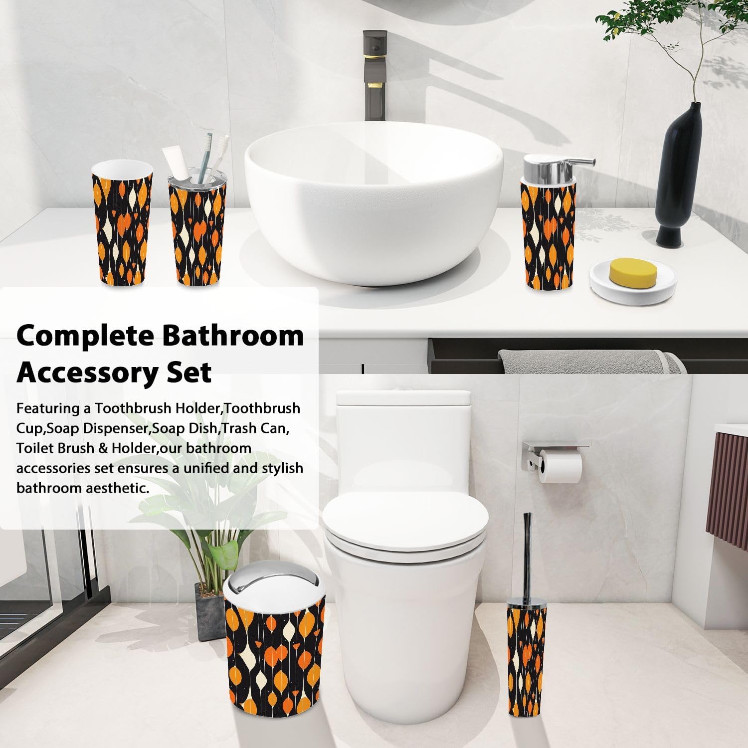 Boho Black Orange Geometric Bathroom Accessory Set 6 Piece