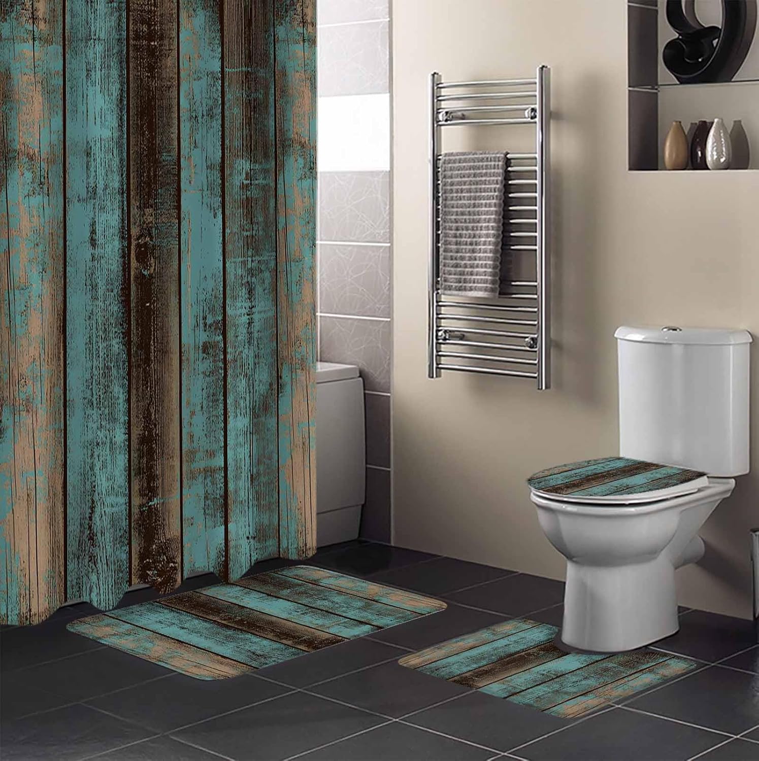 ZOE GARDEN Teal Wood Grain Bathroom Set